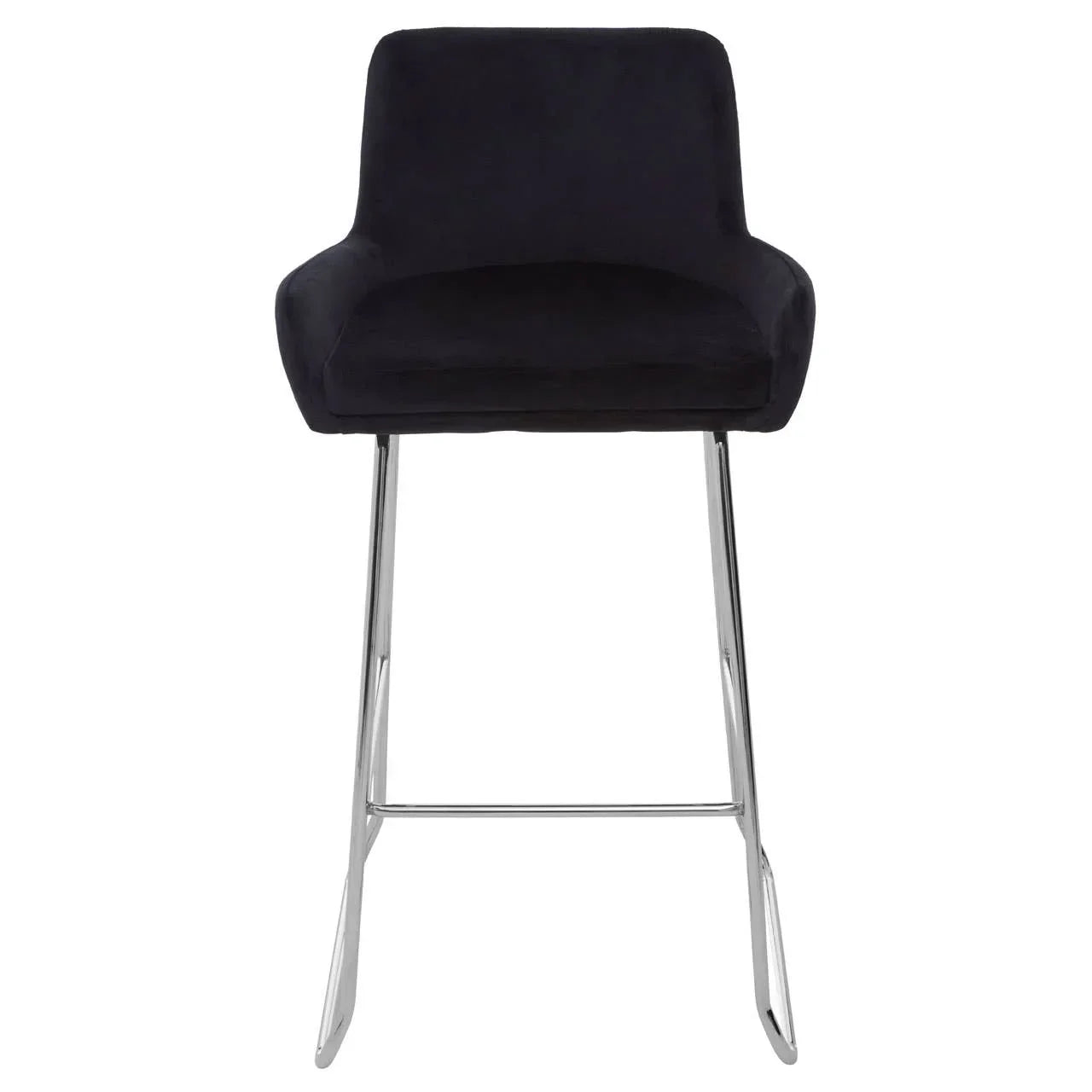 Black velvet bar stool with chrome legs and armrests front view