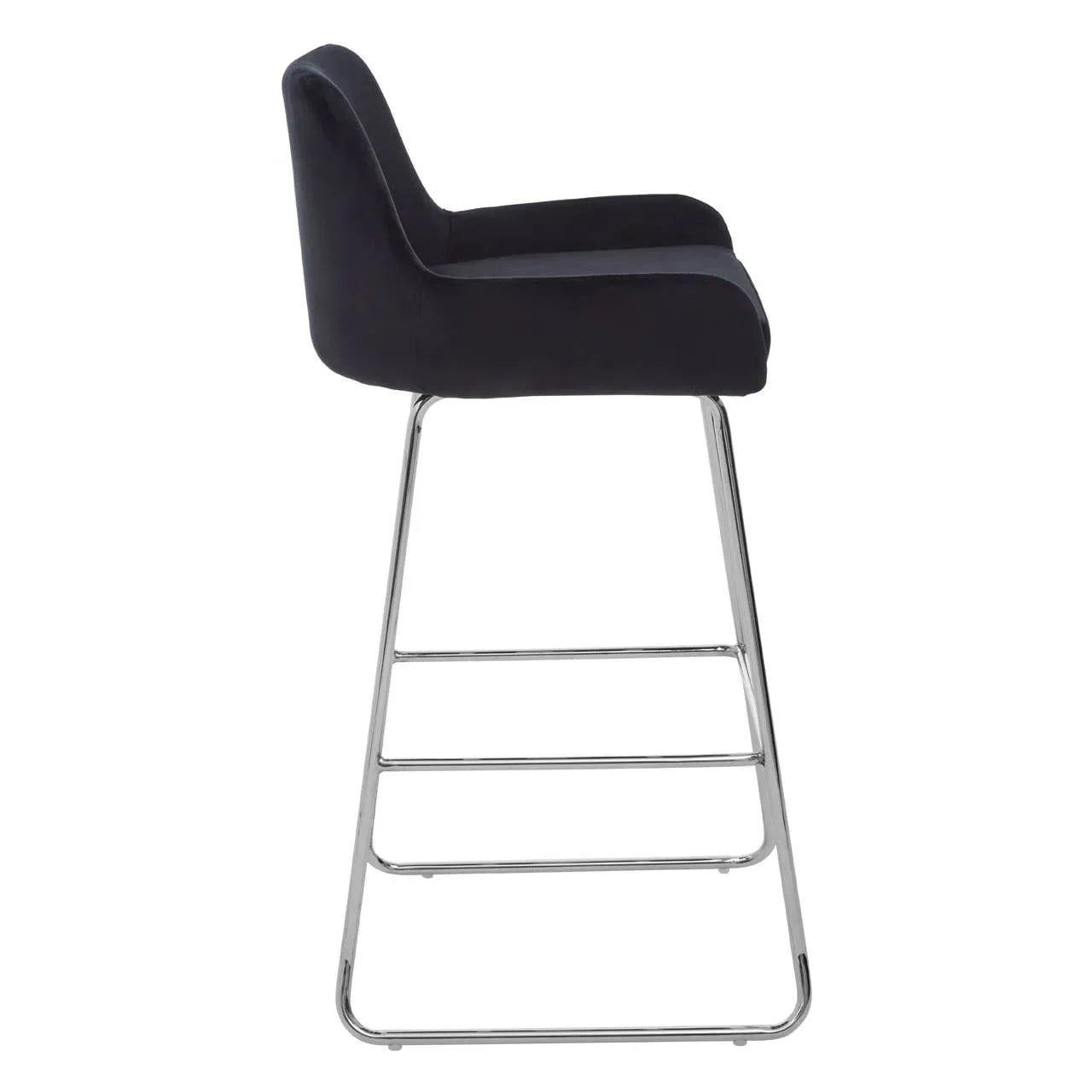 Side view of black bar stool with chrome legs and padded seat