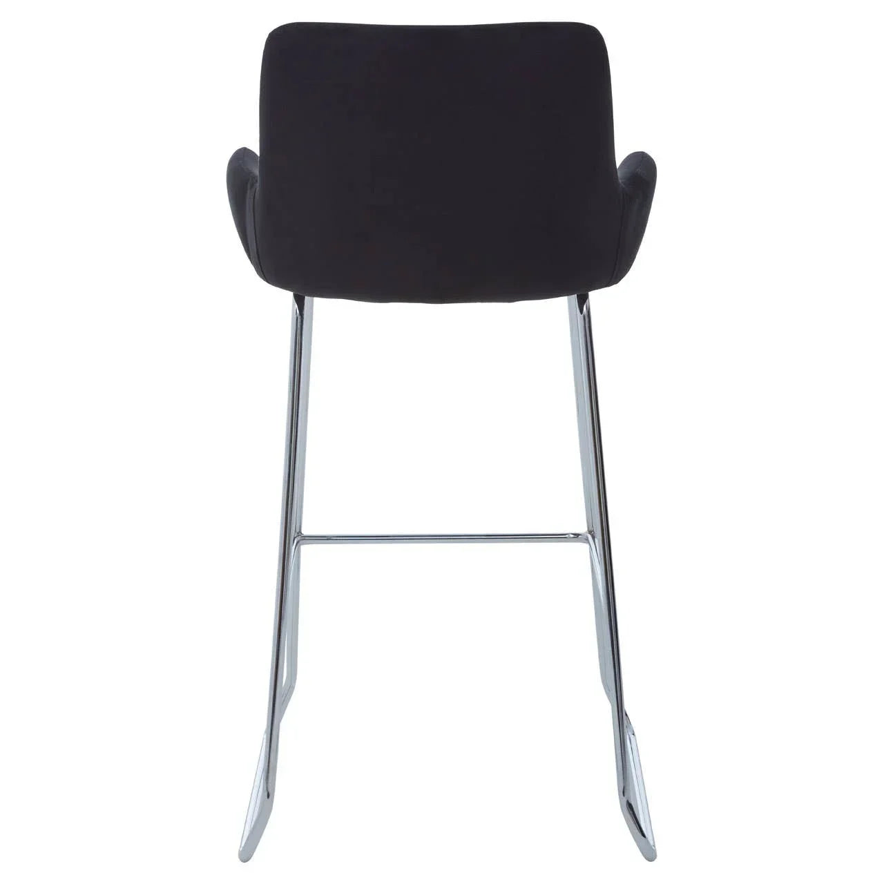 Black bar stool with chrome sled base and curved backrest, rear view