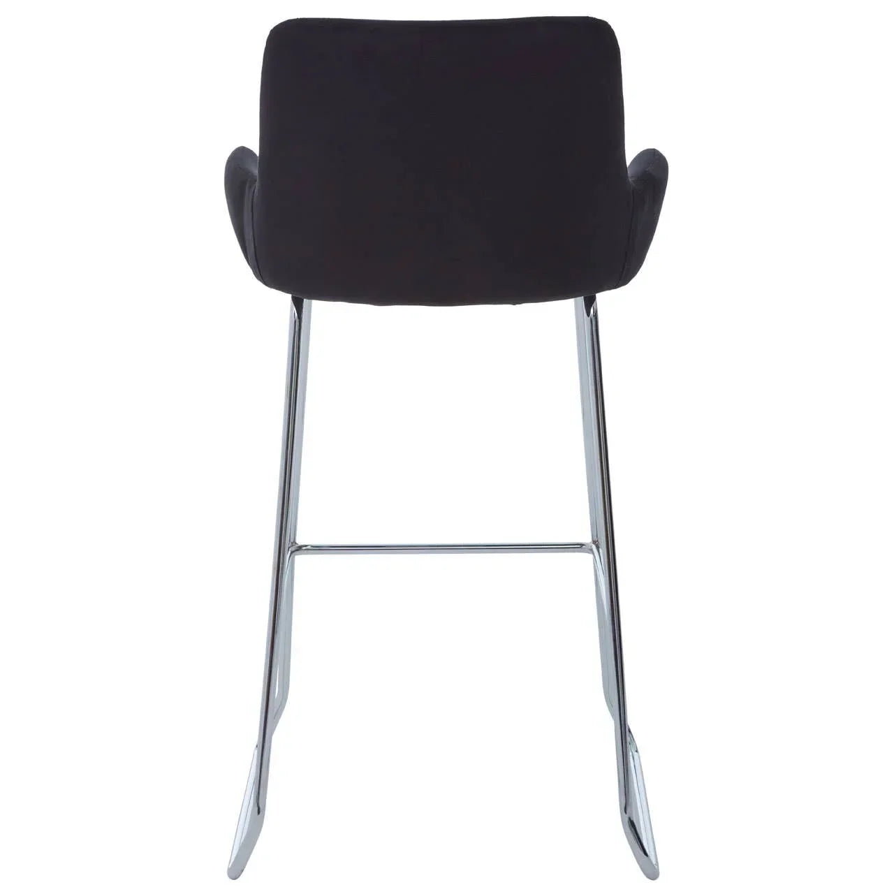 Black velvet bar stool with chrome legs viewed from the back
