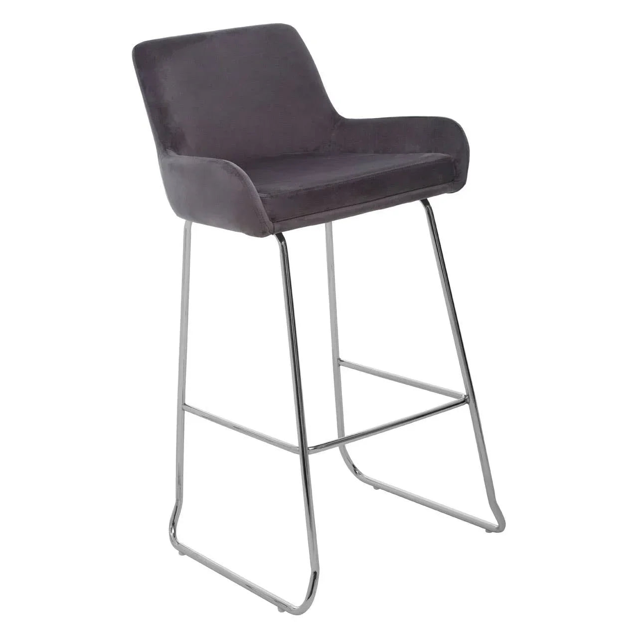 Grey velvet bar stool with chrome metal legs and armrests, side angle view
