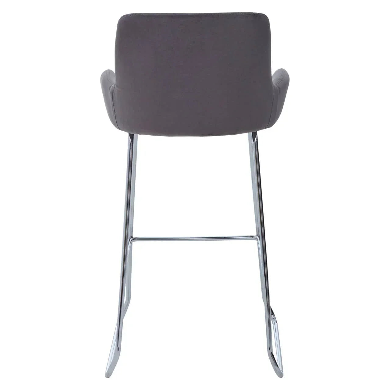 Rear view of grey bar stool with chrome metal sled base and padded backrest