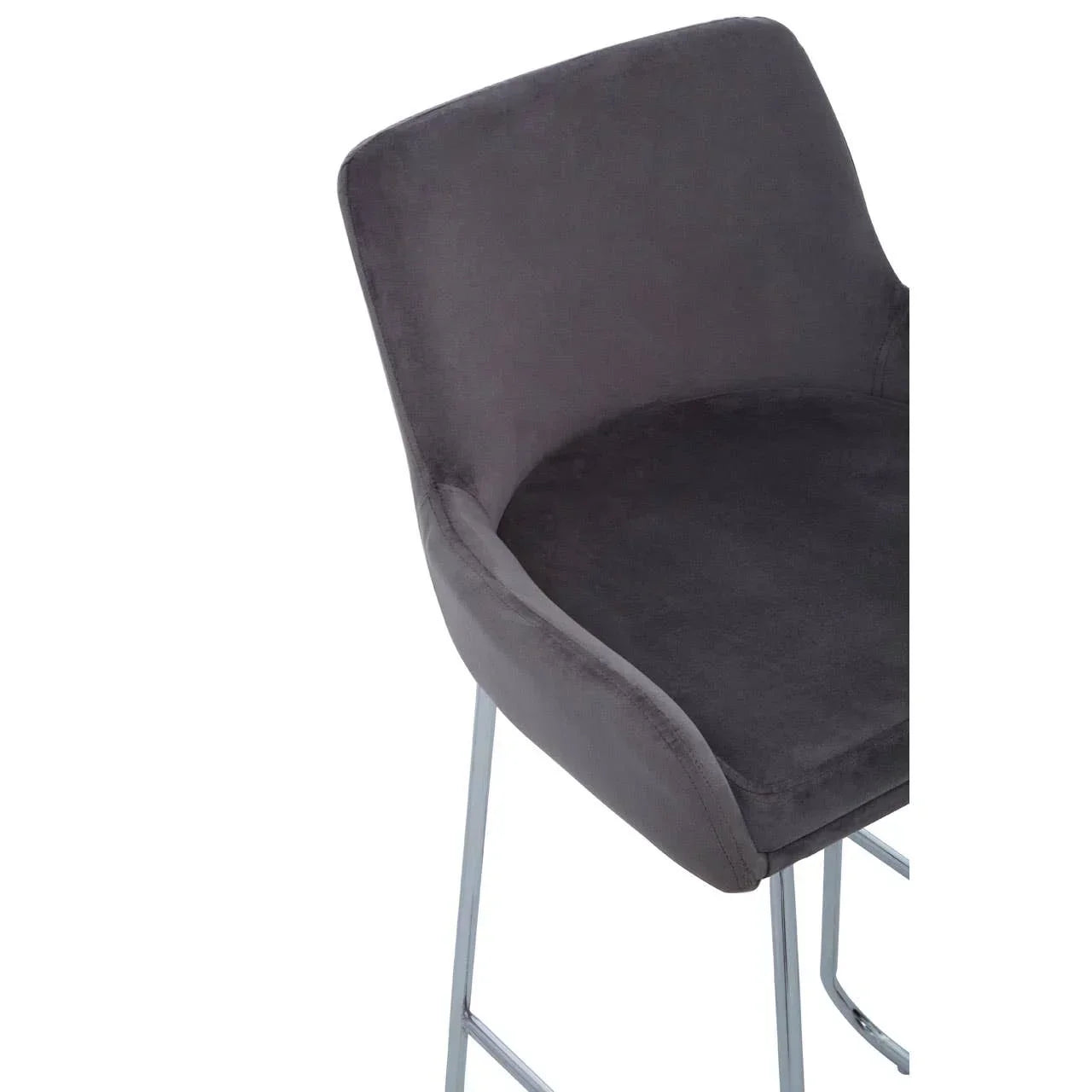 Grey velvet bar stool with chrome legs, close view of seat and backrest