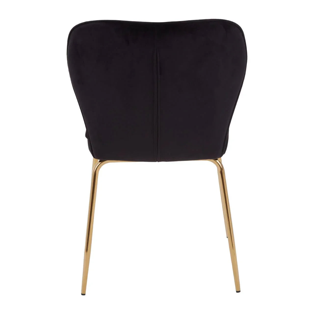 Back view of black velvet dining chair with gold metal legs