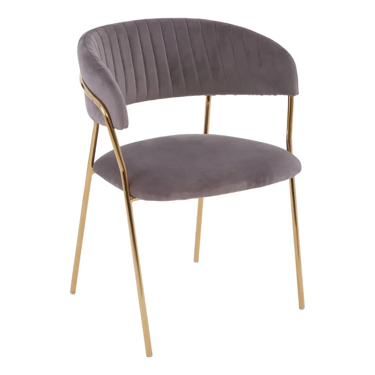 Grey velvet dining chair with gold metal legs and curved upholstered backrest