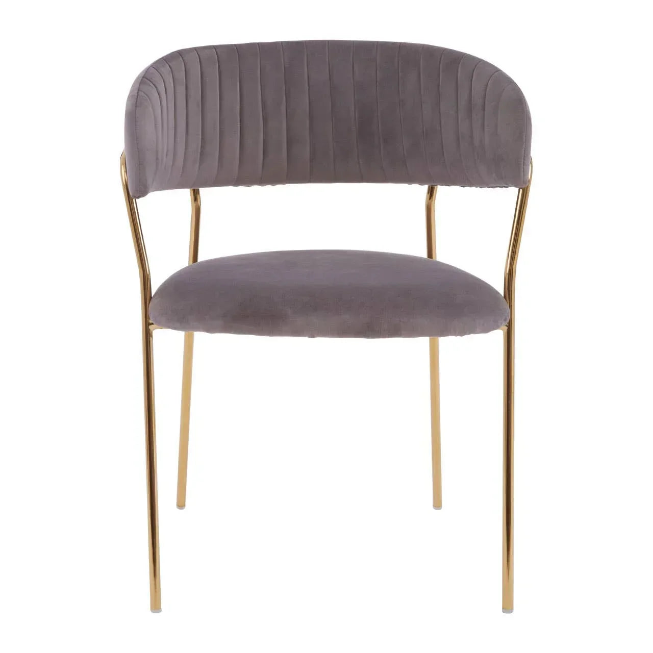 Grey velvet dining chair with gold metal legs and curved backrest, front view