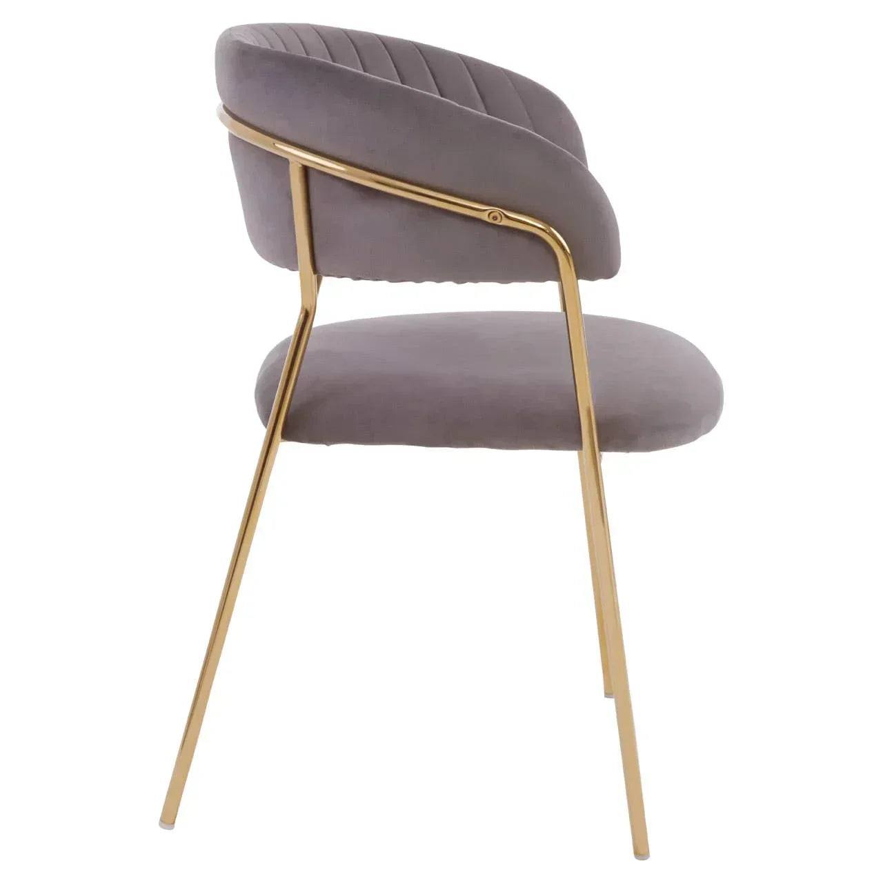 Side view of modern velvet dining chair with gold metal legs and curved backrest