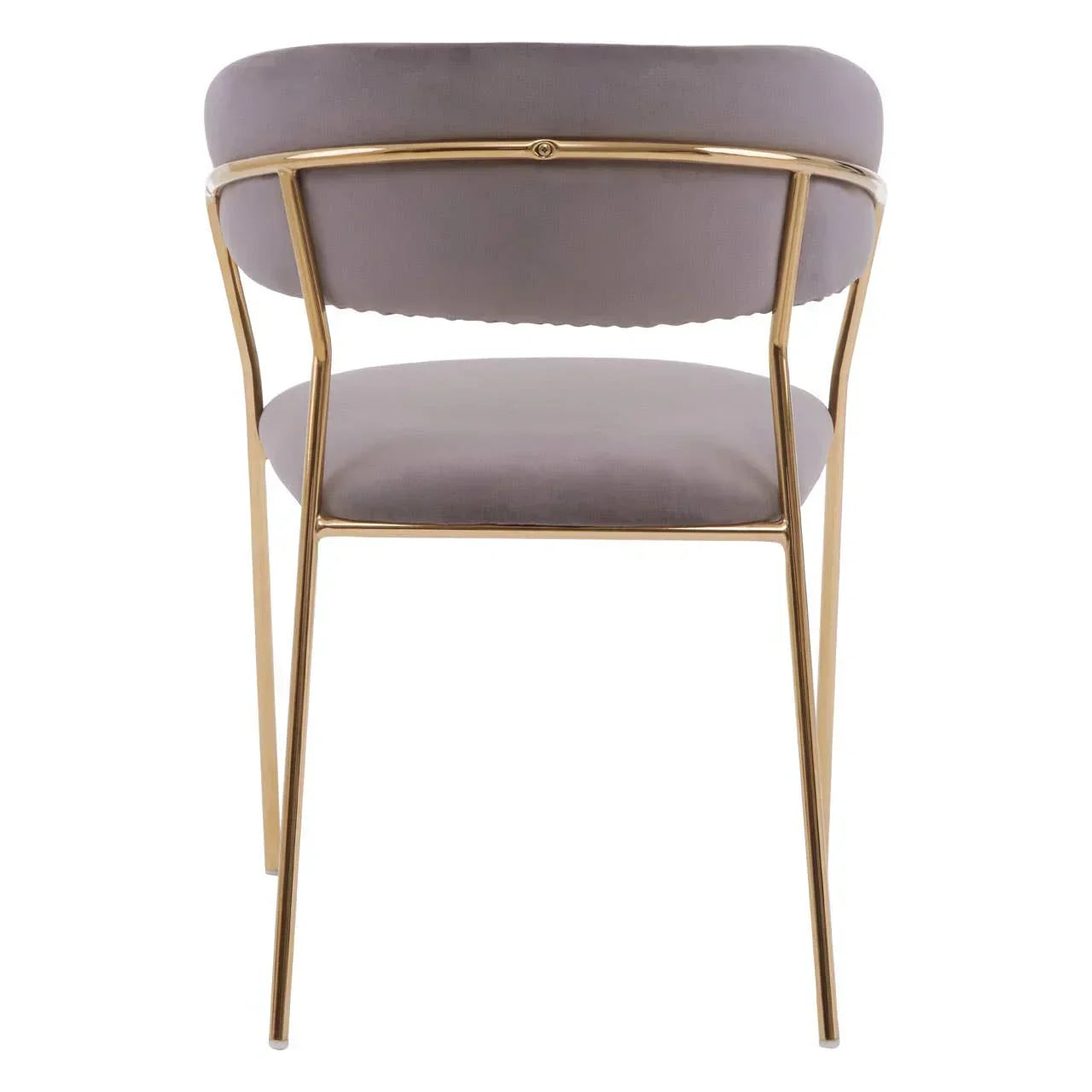 Rear view of grey velvet accent chair with curved gold metal frame