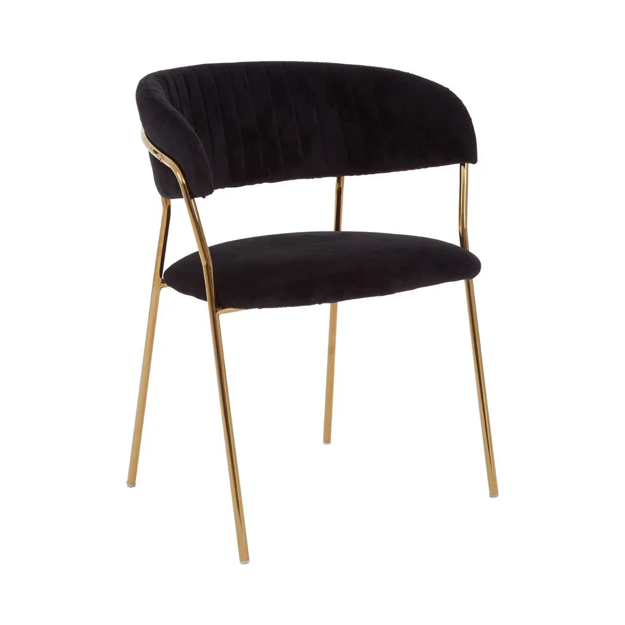 Velvet dining chair with black seat, curved backrest, and gold metal legs