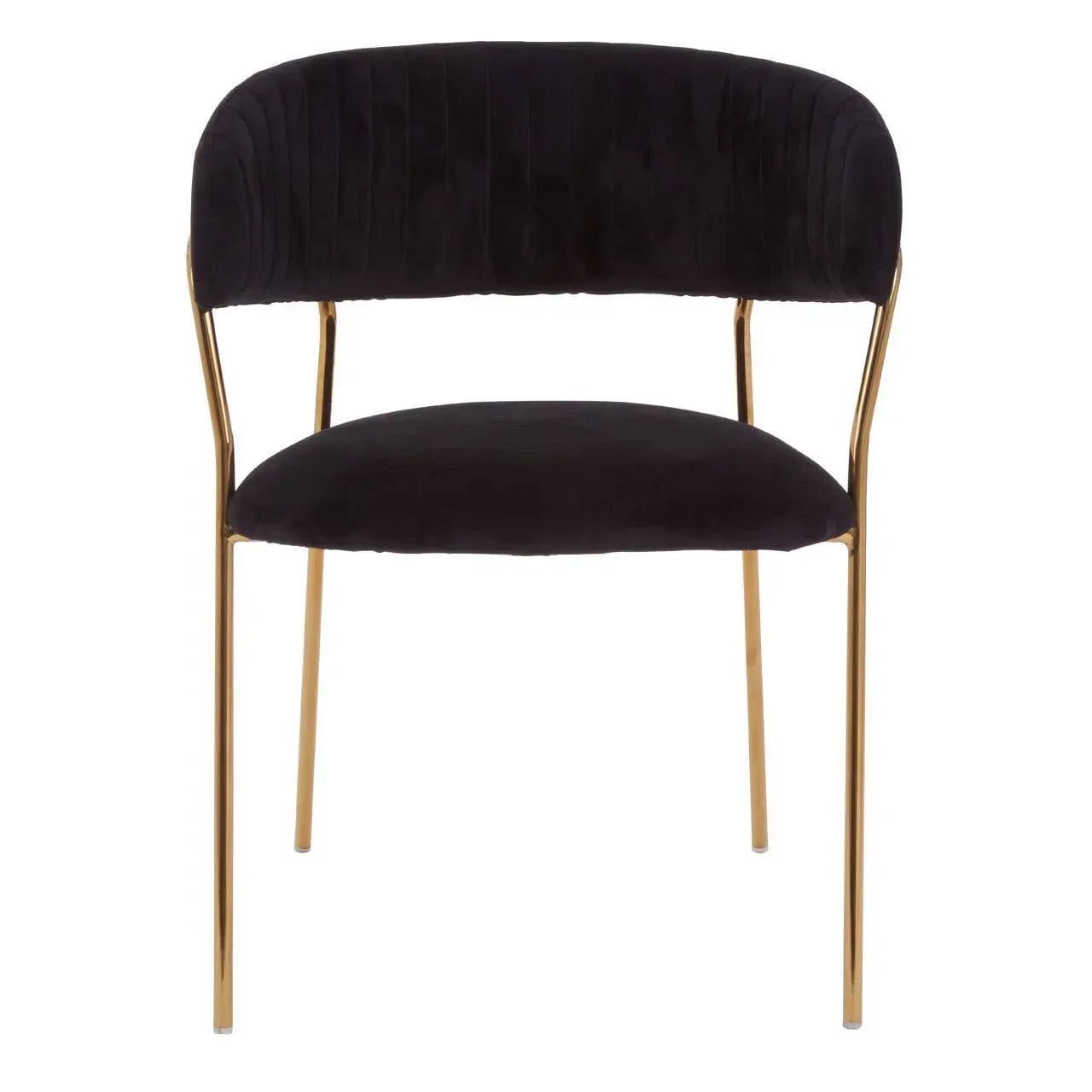 Black velvet dining chair with gold metal legs and curved backrest, front facing view