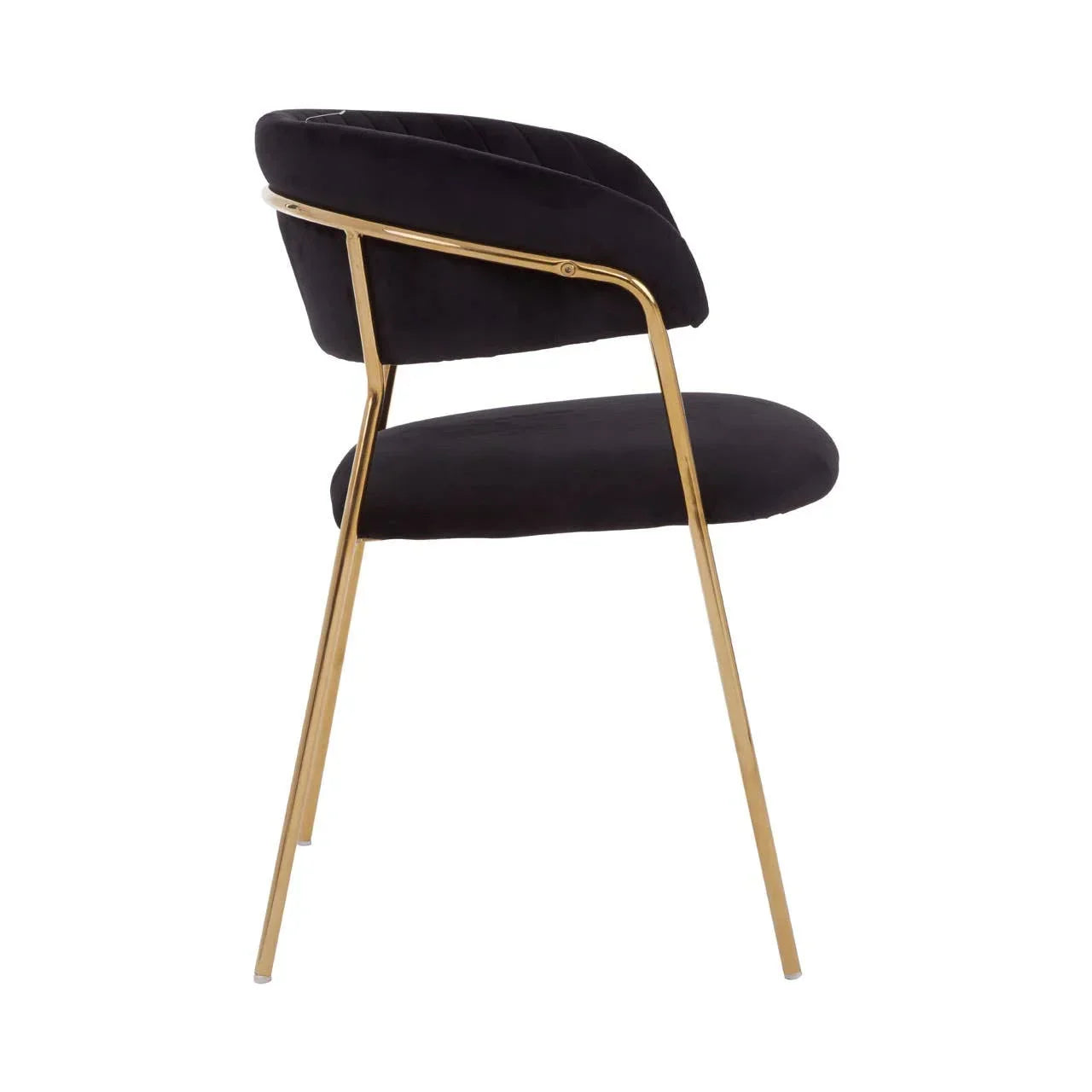 Black velvet dining chair with gold metal legs, side profile view