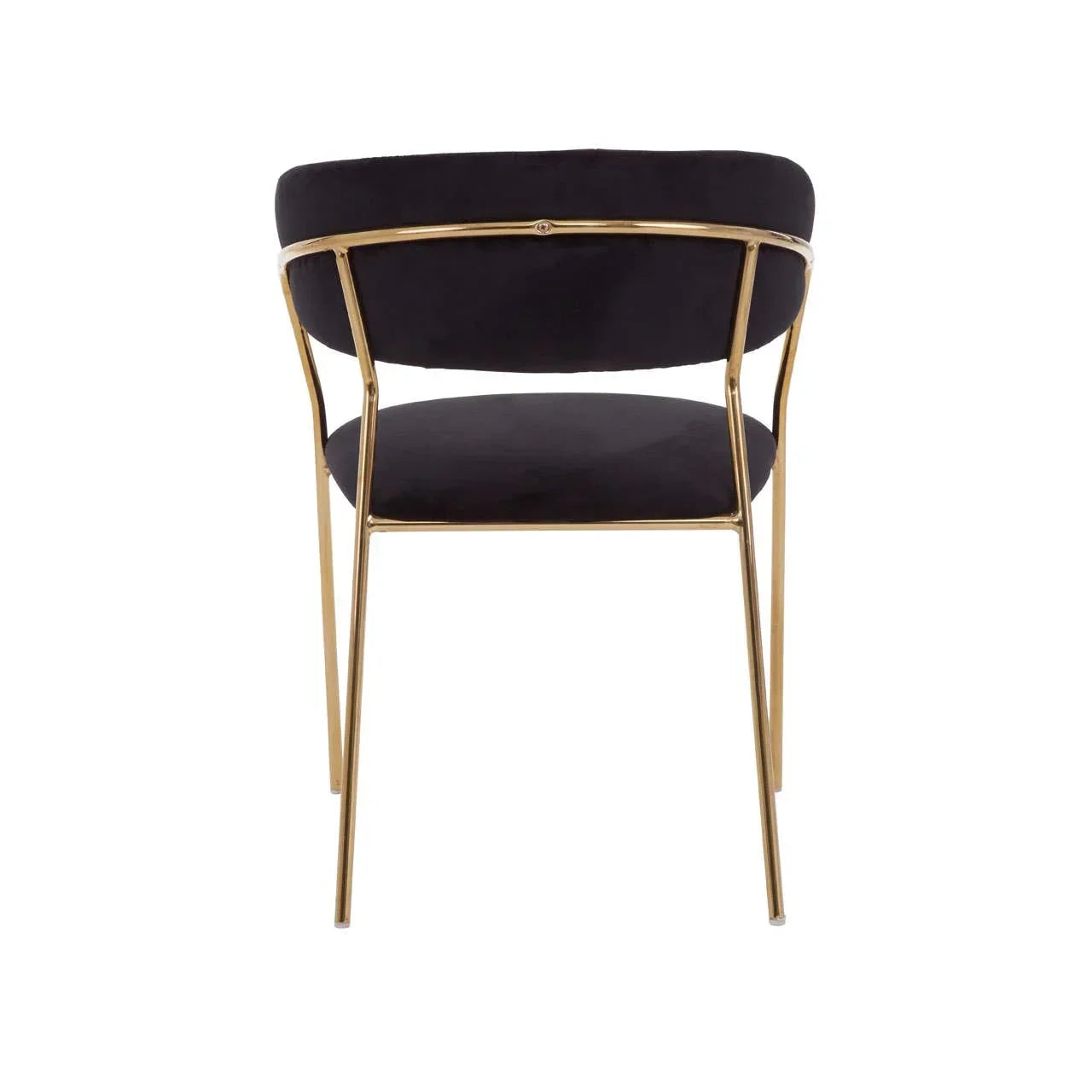 Black velvet dining chair with gold metal frame, rear view