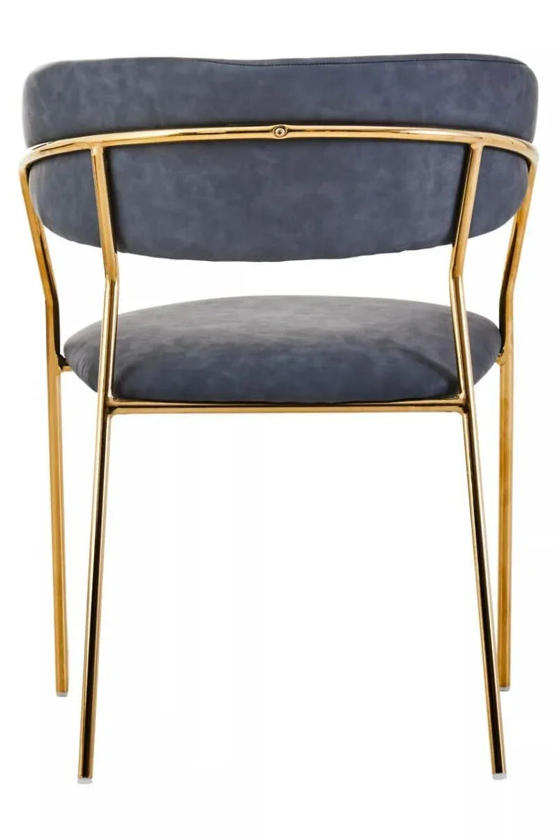 Dining chair with gold metal frame and blue upholstered seat shown from the back