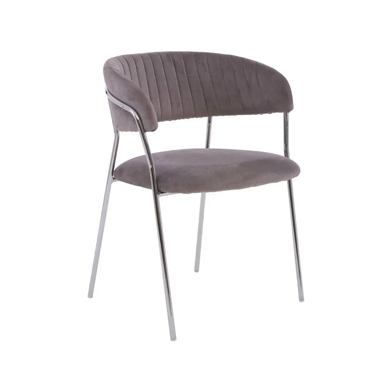 Grey velvet dining chair with metal legs and curved backrest