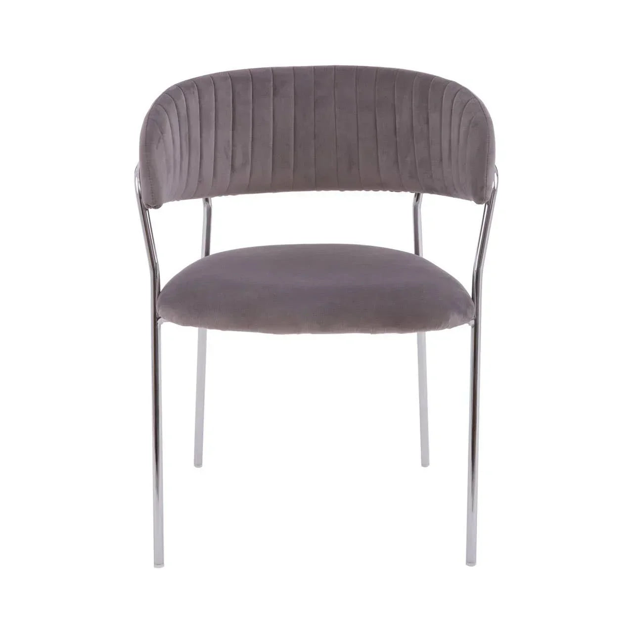 Grey velvet dining chair with chrome legs and curved backrest front view