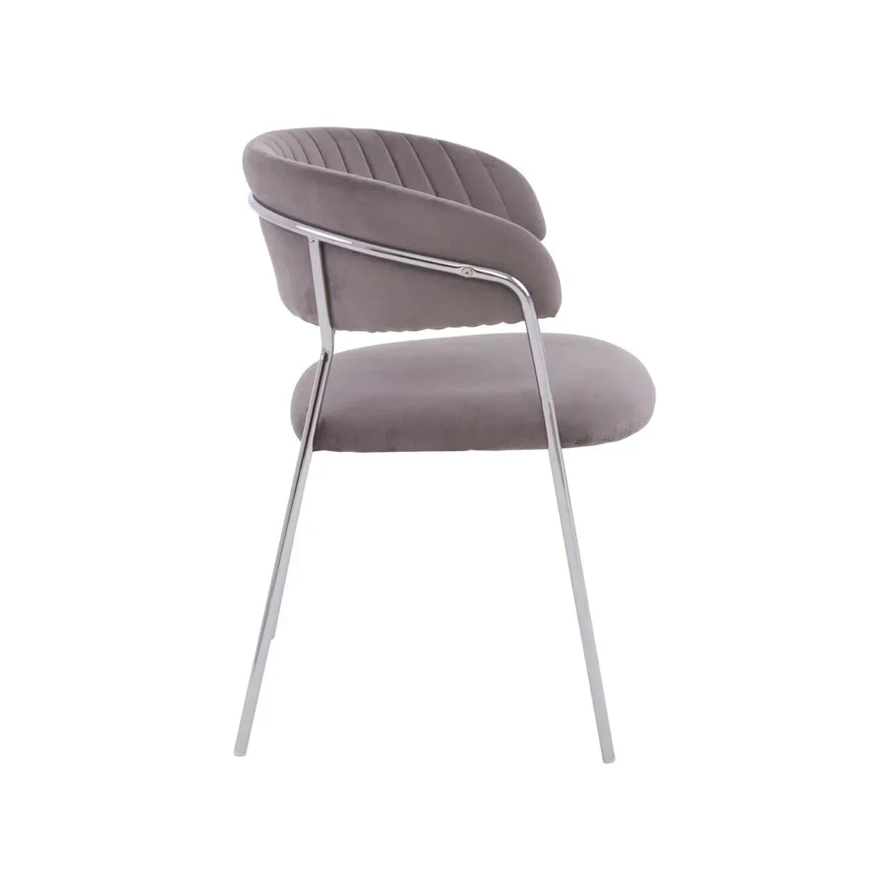 Grey velvet dining chair with chrome legs side view