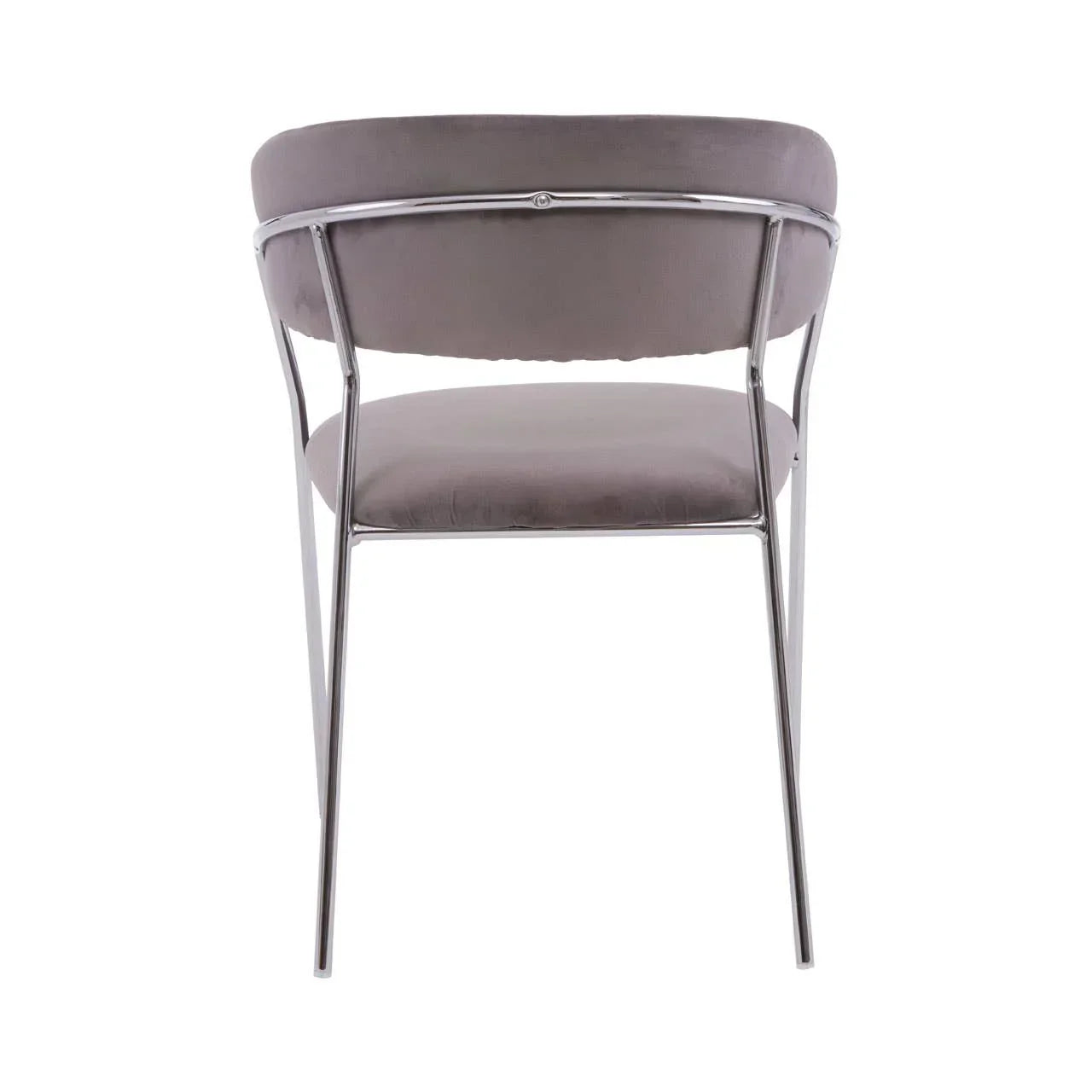 Grey velvet dining chair with chrome metal frame, rear view