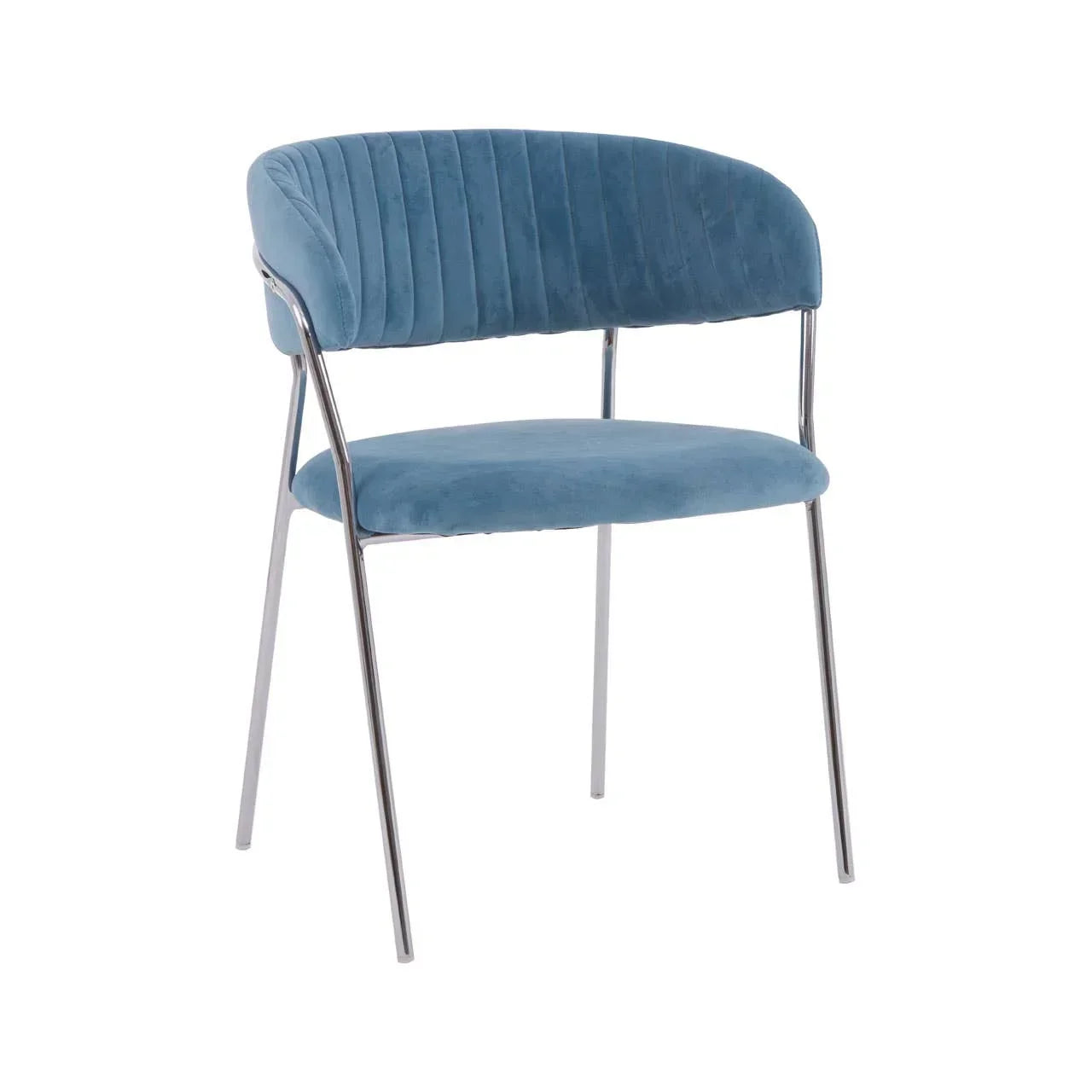 Blue velvet dining chair with chrome legs and curved backrest