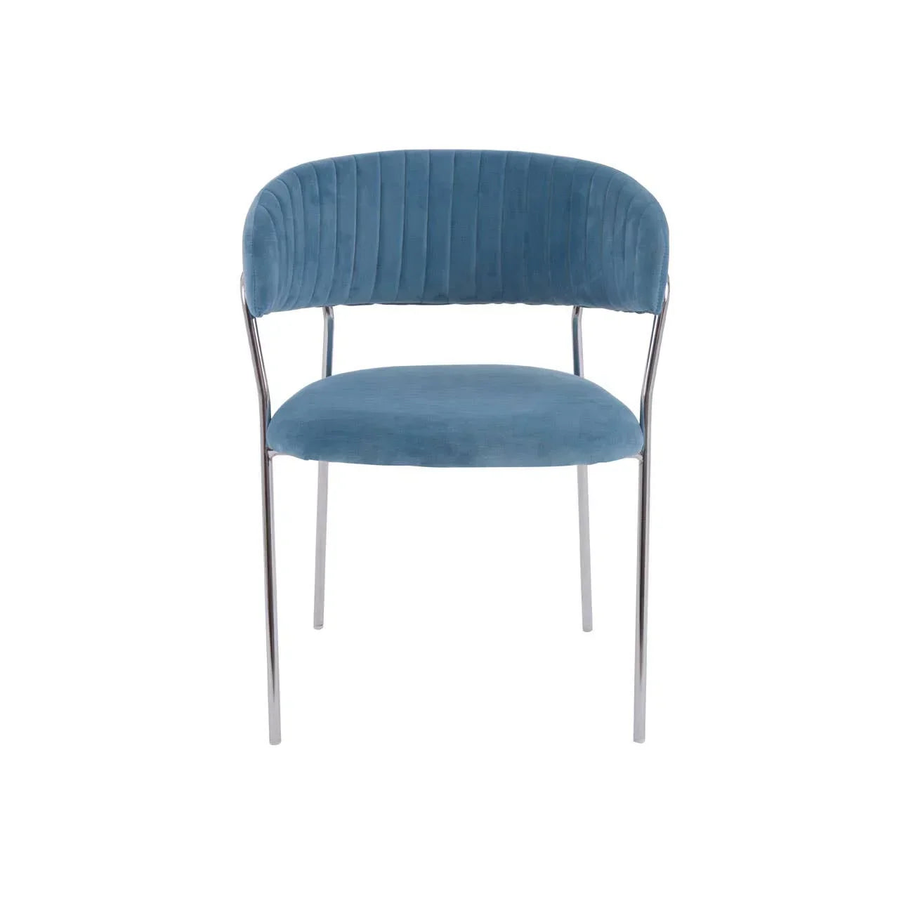 Blue velvet dining chair with chrome legs and curved backrest, front view