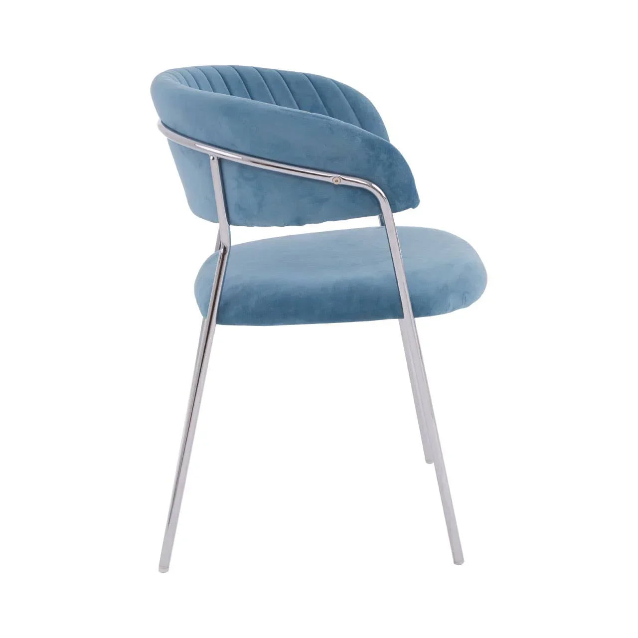 Blue velvet dining chair with silver metal legs, side profile view