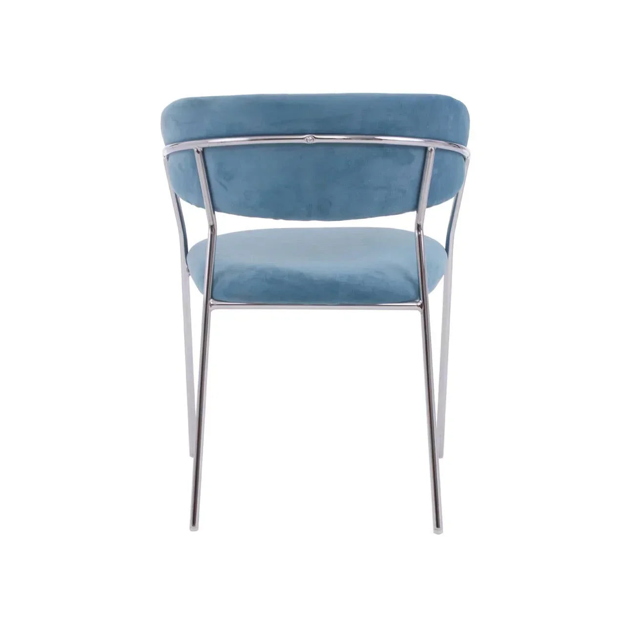 Blue velvet dining chair with chrome frame shown from the back