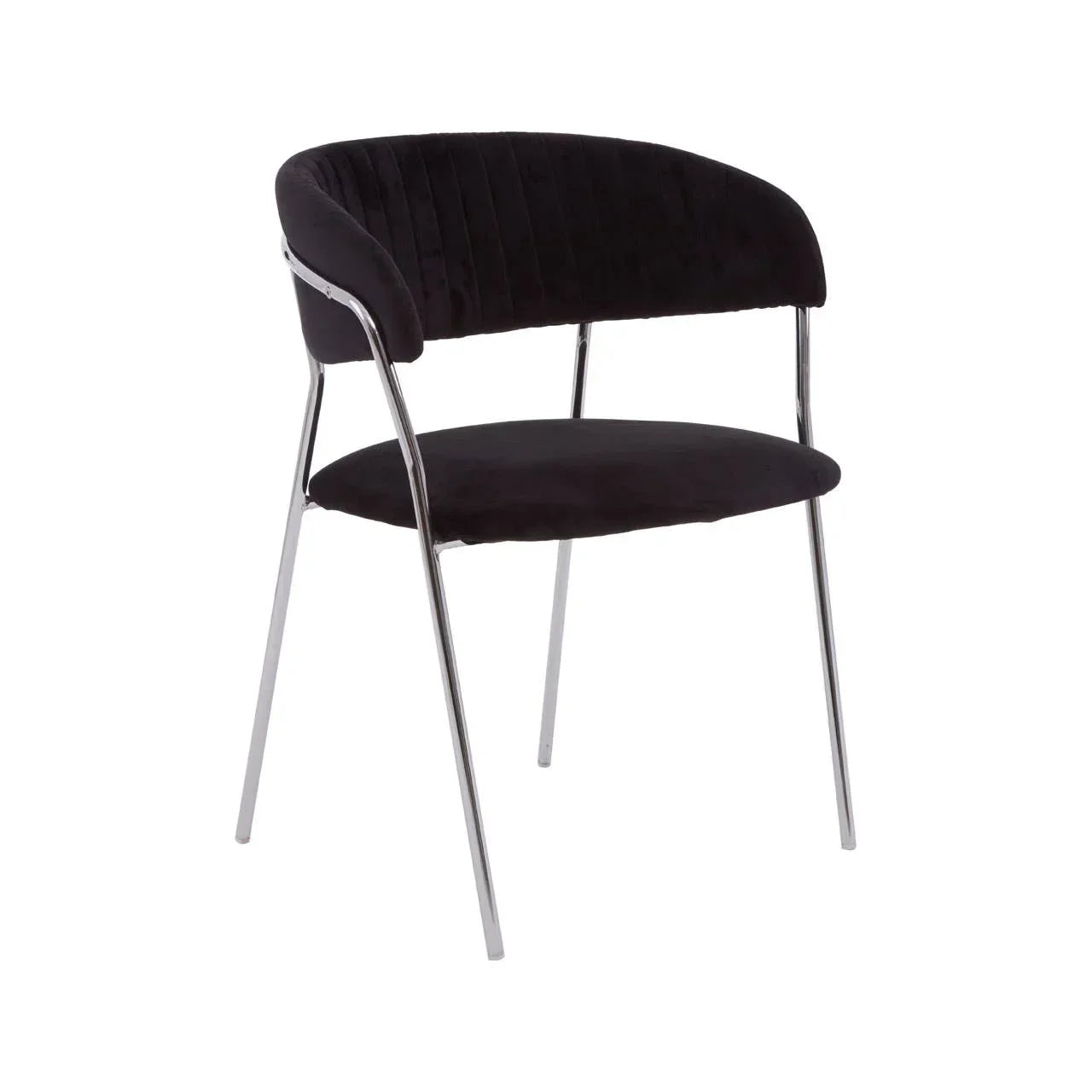 Black velvet dining chair with chrome legs and curved backrest on white background