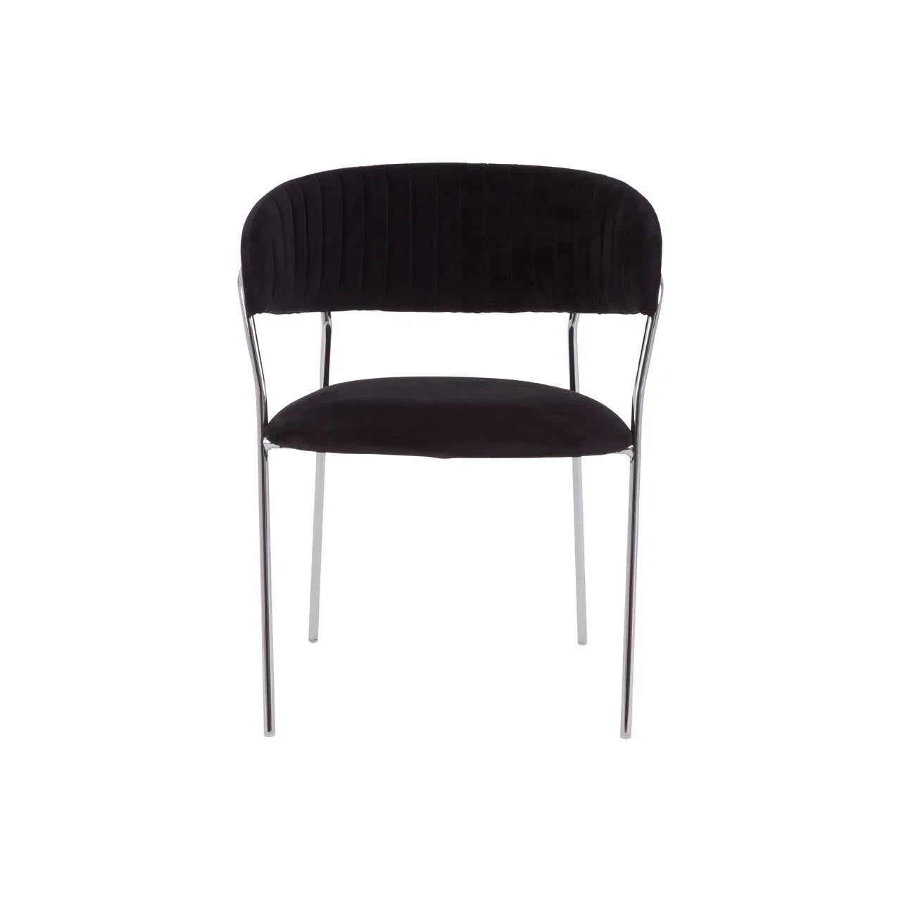 Black velvet dining chair with chrome metal legs, front view