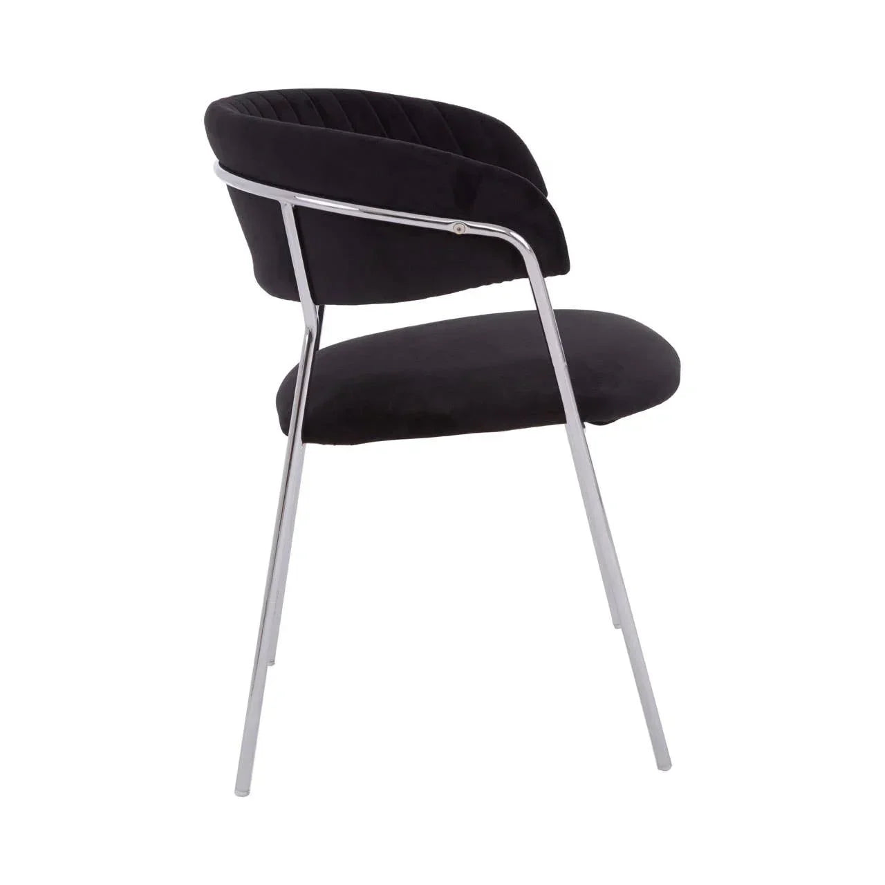 Black velvet dining chair with chrome metal legs, side view