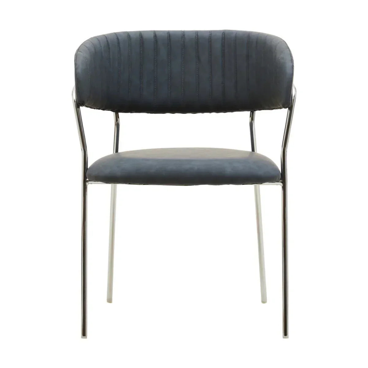 Grey upholstered dining chair with metal legs and curved backrest, front view