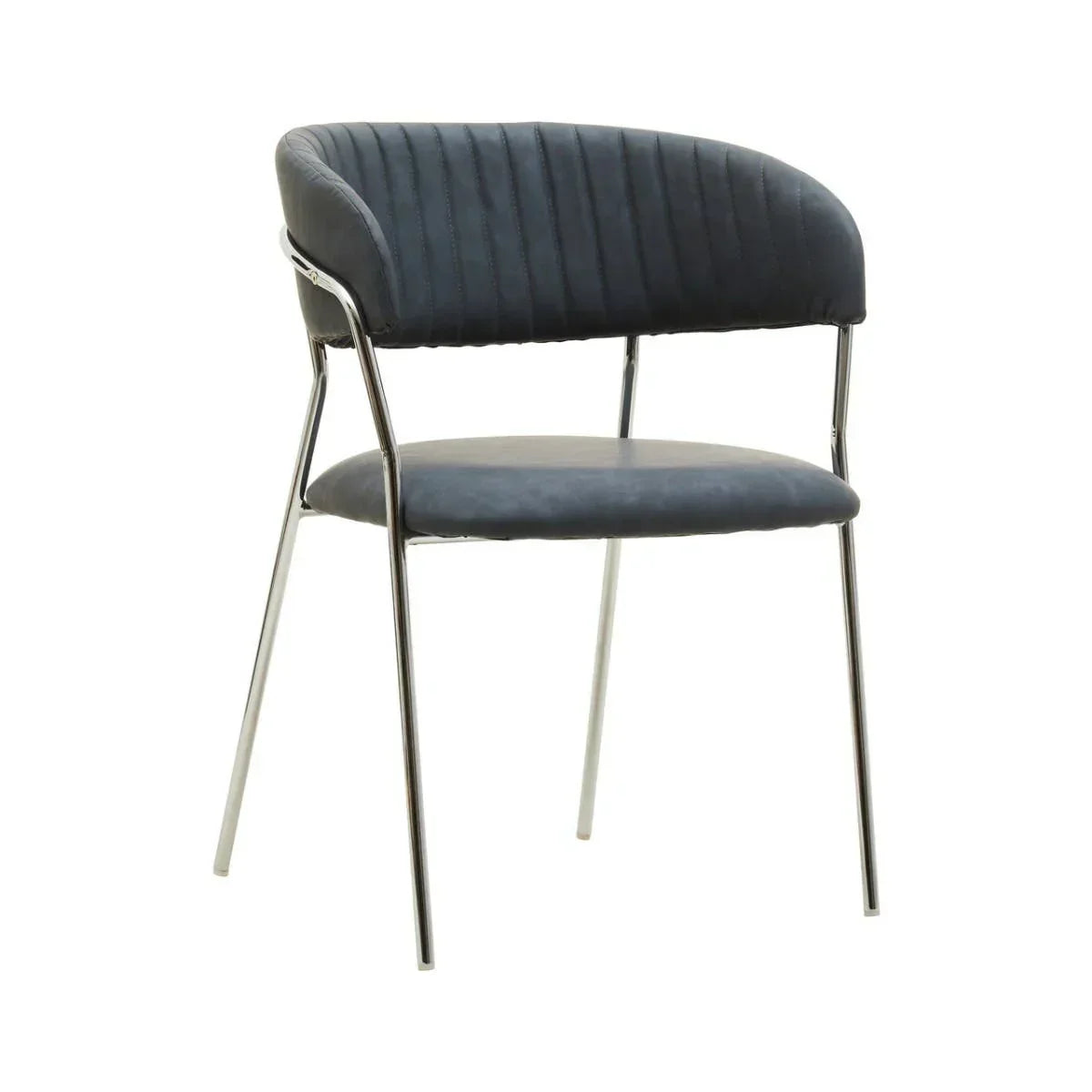Grey velvet dining chair with chrome metal frame and curved backrest