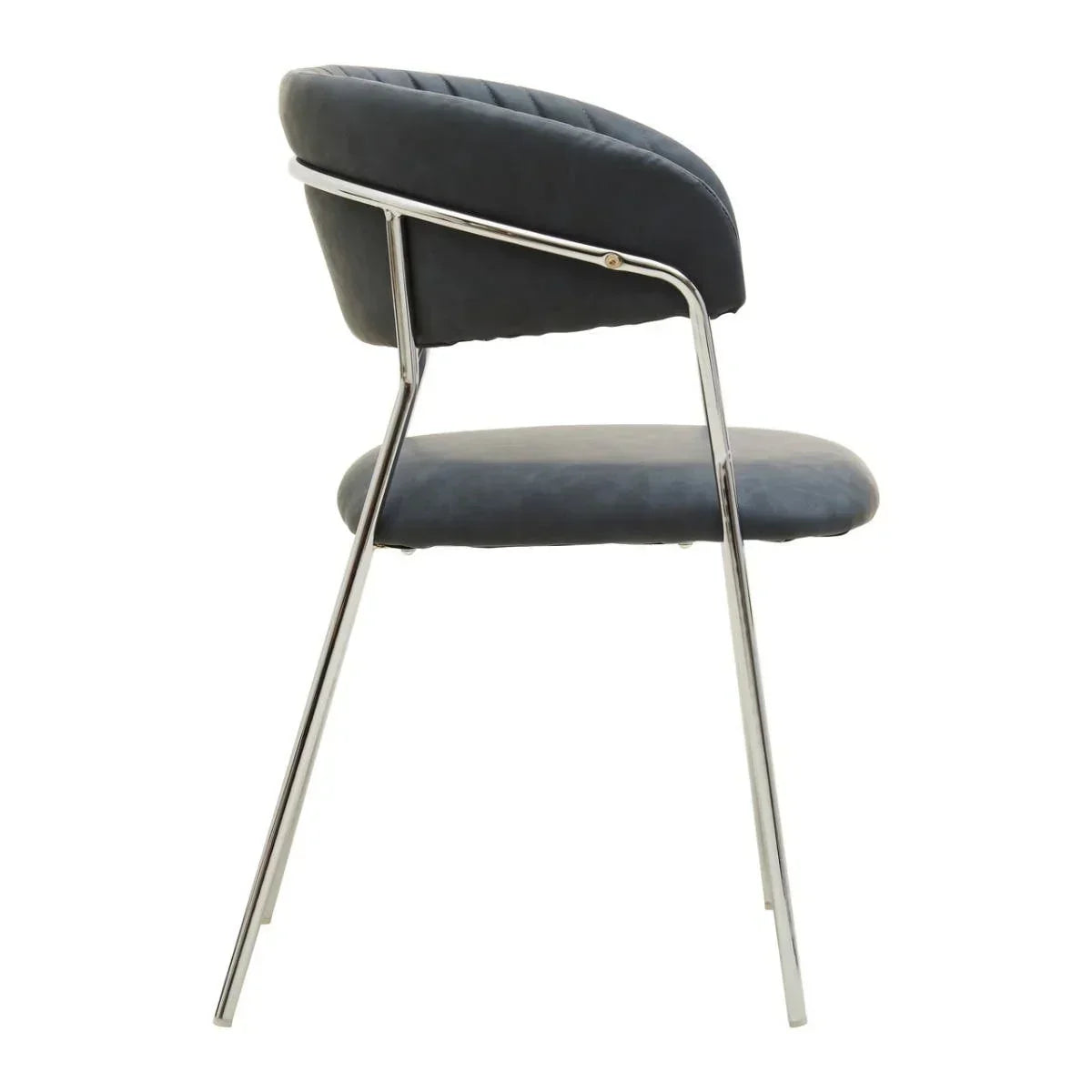 Modern dining chair with chrome legs and dark grey upholstered seat, side profile view