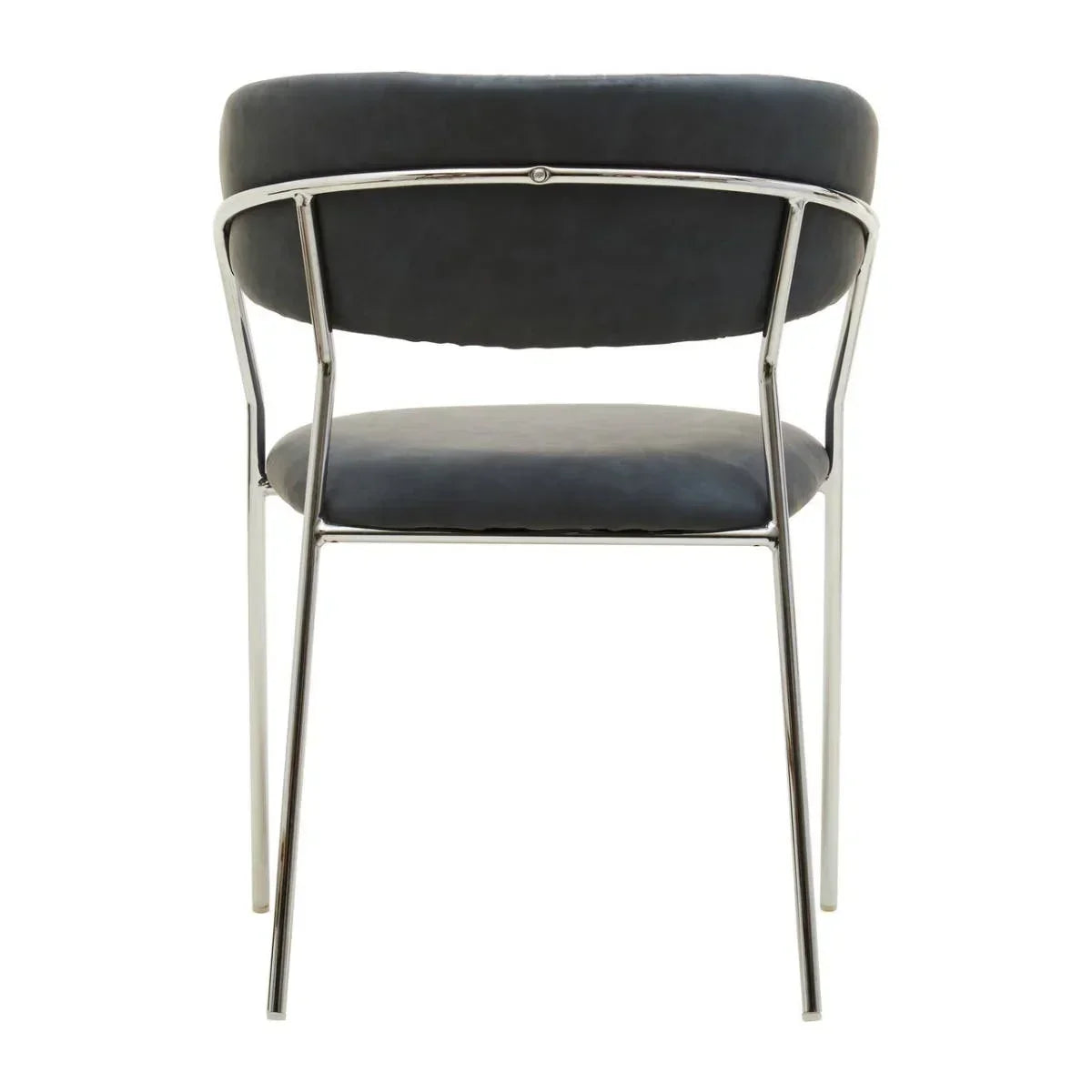 Back view of modern dining chair with chrome frame and dark grey upholstered seat