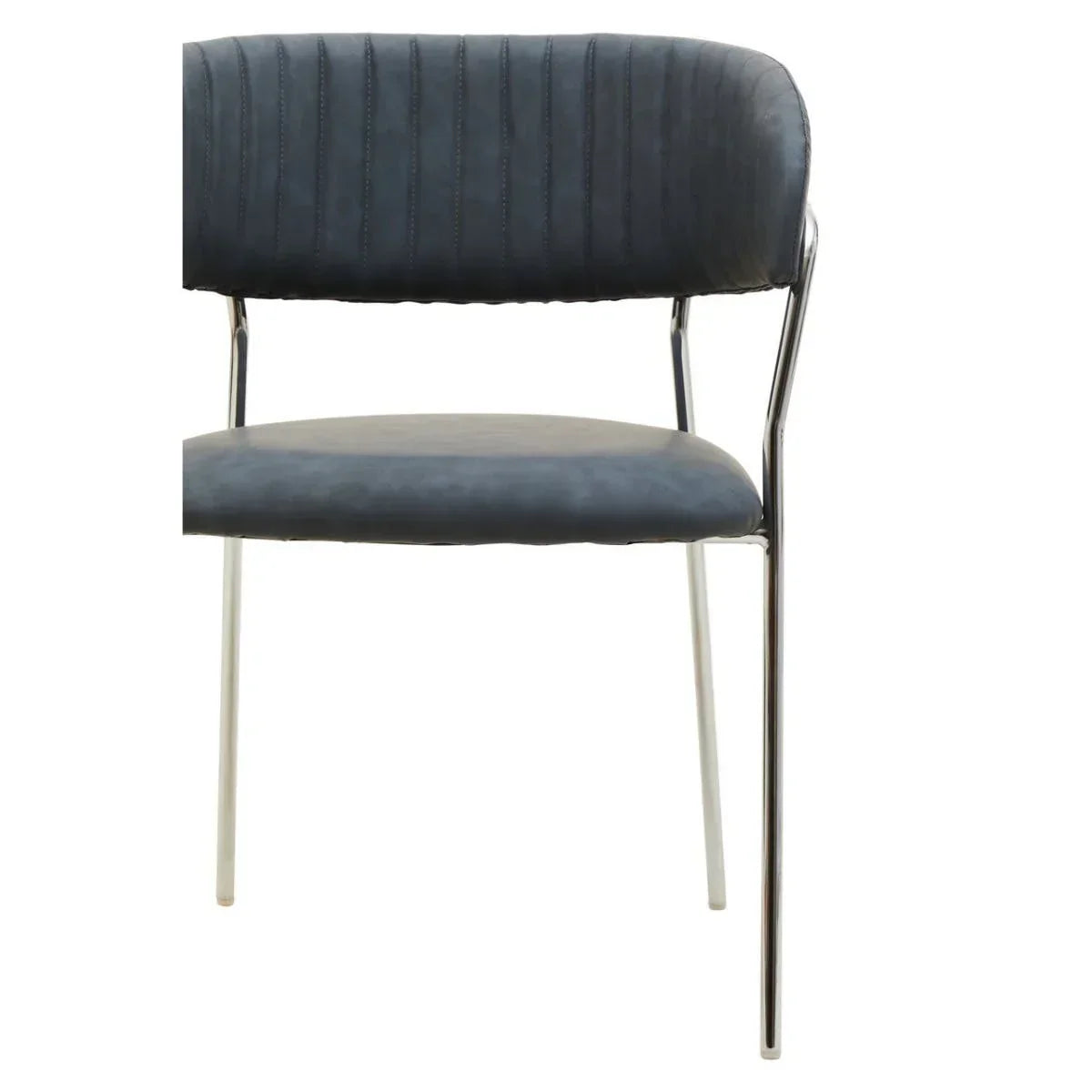 Grey dining chair with stitched backrest and chrome legs front view