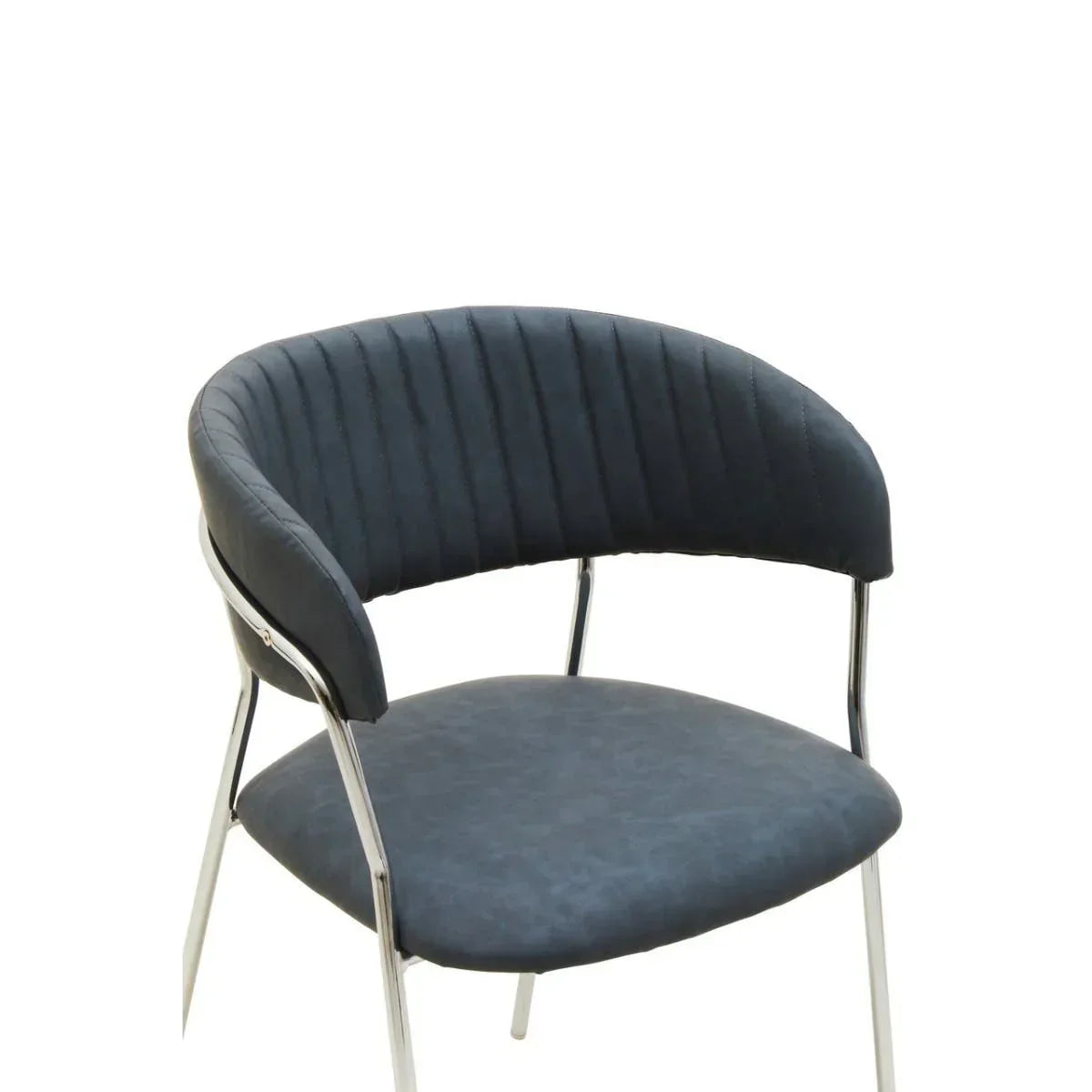Modern dining chair with dark fabric seat, curved backrest and chrome legs on white background