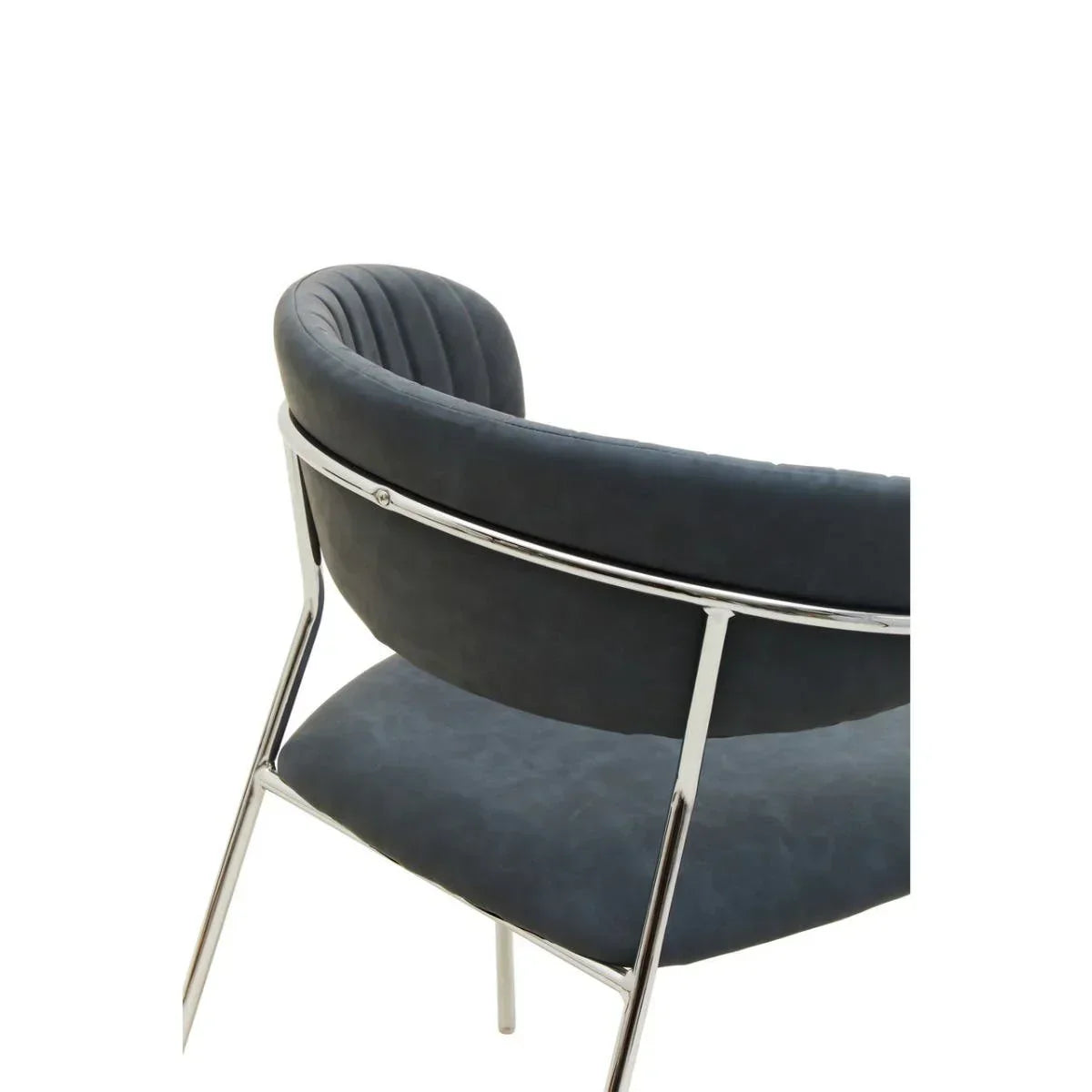 Grey velvet dining chair with chrome metal frame and curved backrest, rear angle view