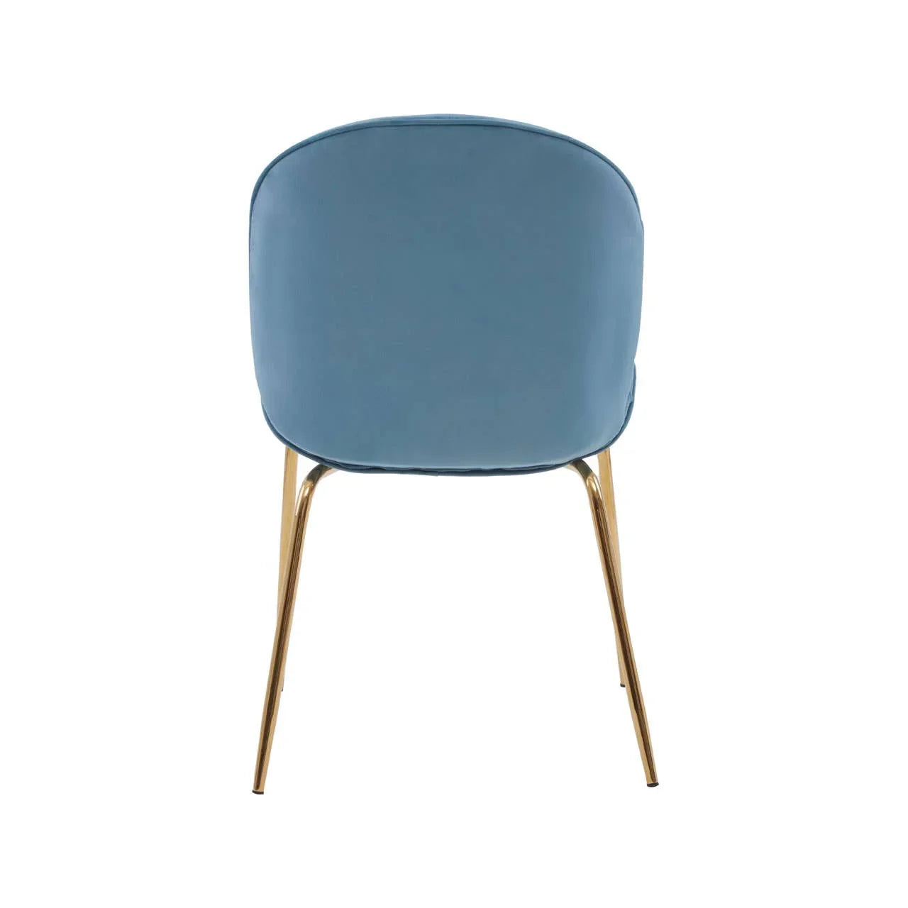 Blue velvet dining chair with gold metal legs, rear view