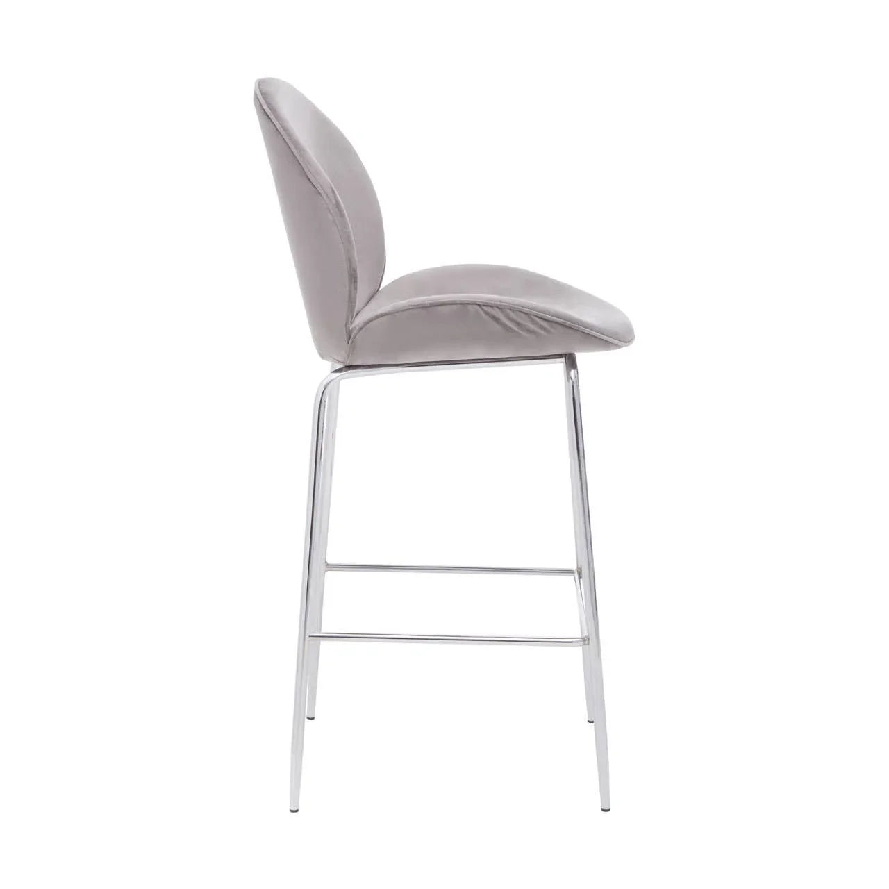 Grey velvet bar stool with chrome legs shown in side profile