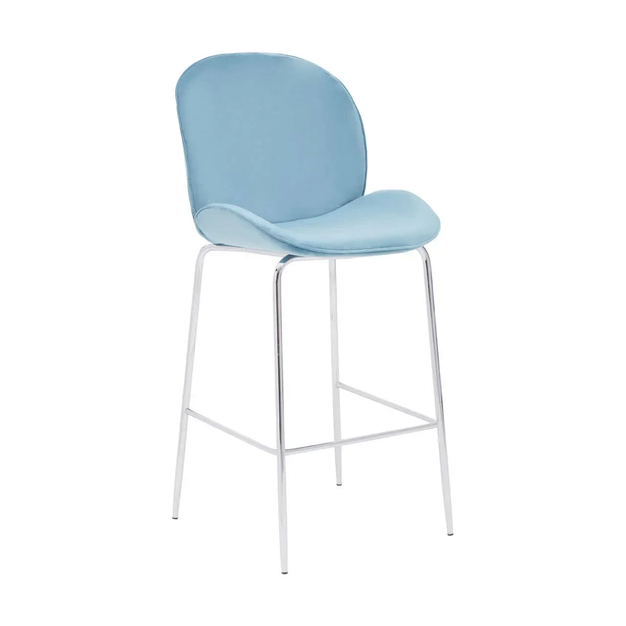 Blue bar stool with chrome legs and curved upholstered seat on white background