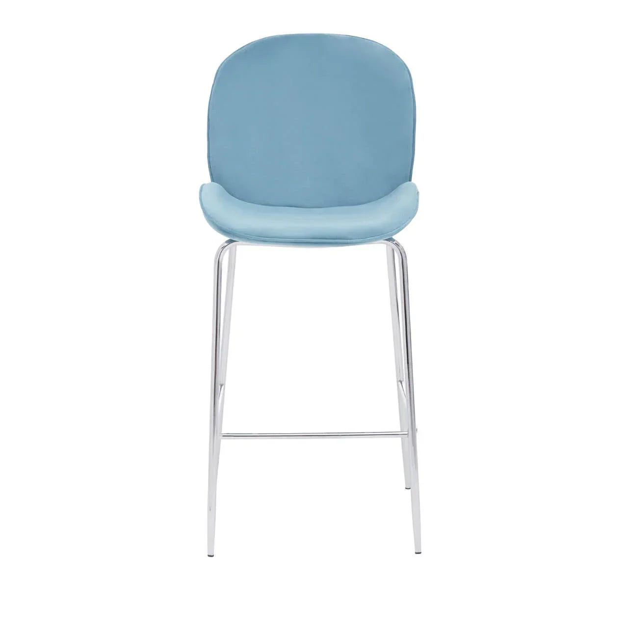 Blue velvet bar stool with chrome legs and curved backrest, front facing view