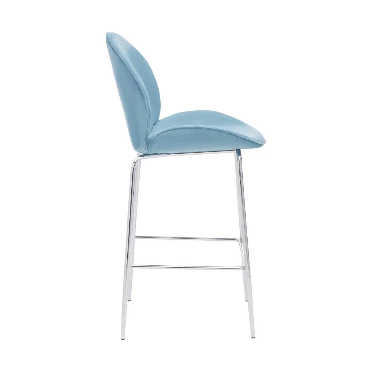 Light blue bar stool with cushioned seat and chrome legs, side profile view