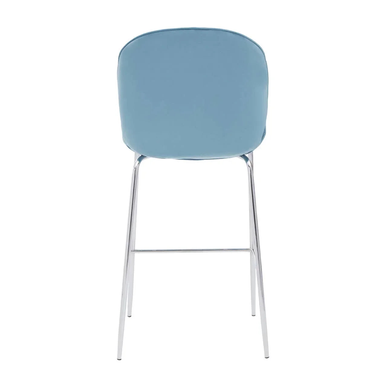Blue velvet bar stool with chrome legs, rear view showing curved backrest and slim frame