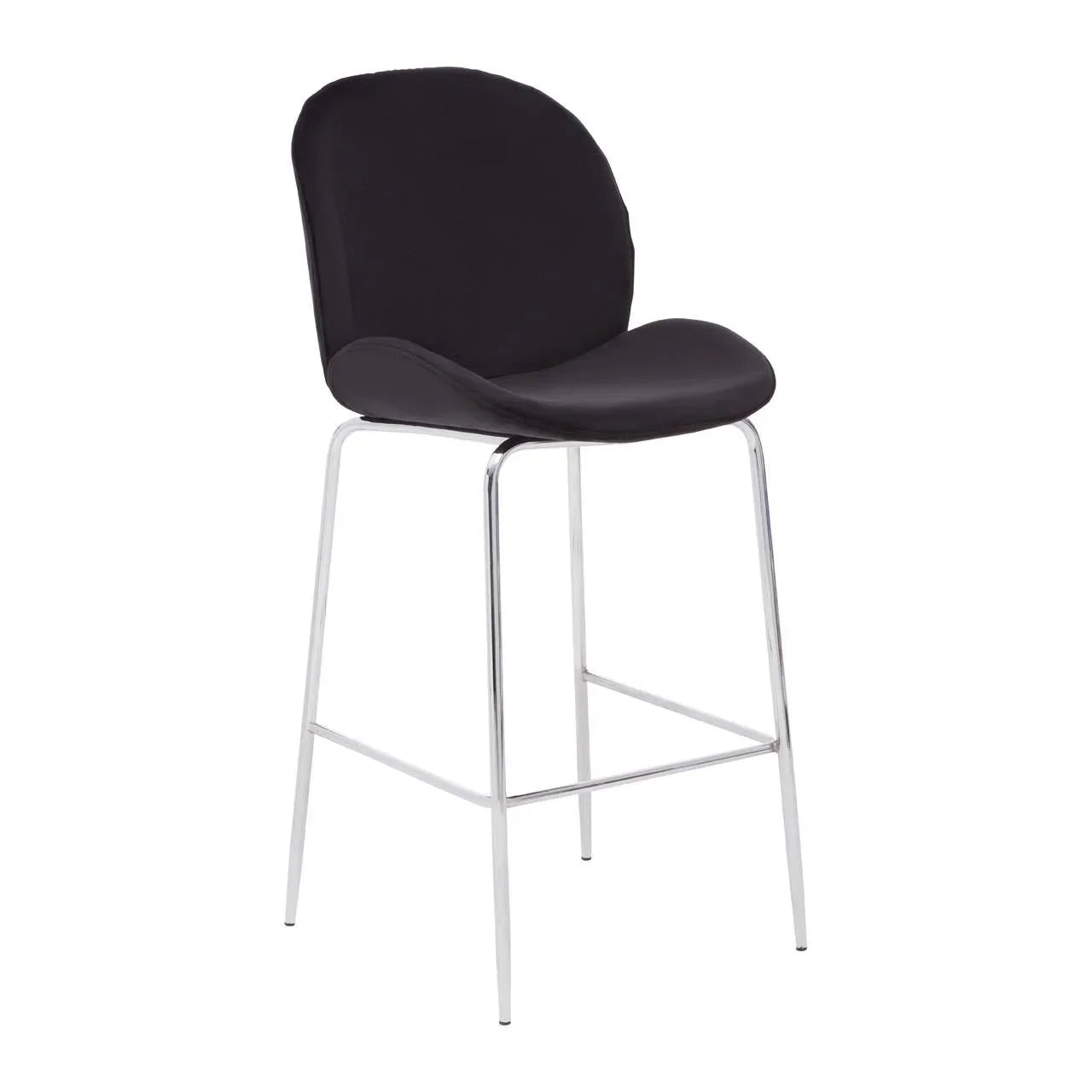 Black bar stool with cushioned seat and chrome legs, side angle view