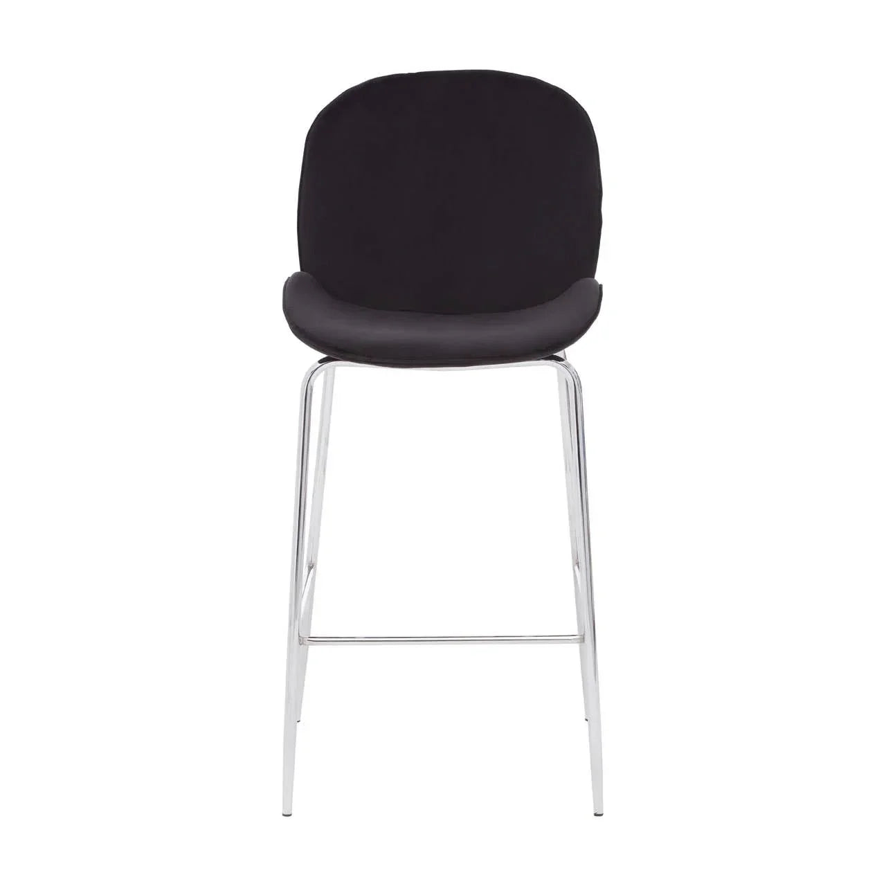 Black bar stool with cushioned seat and chrome legs, front view