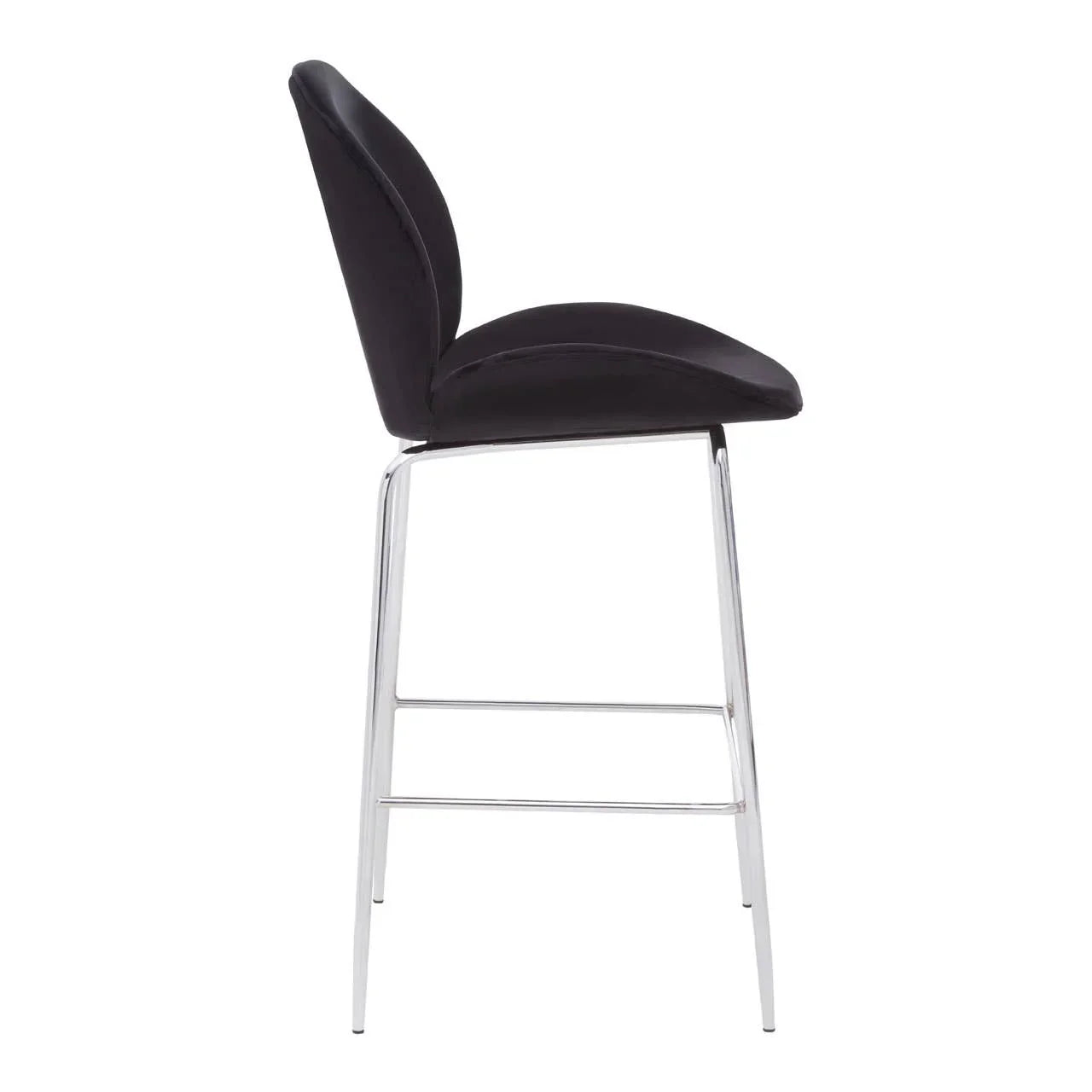 Black bar stool with chrome legs and cushioned seat, side view
