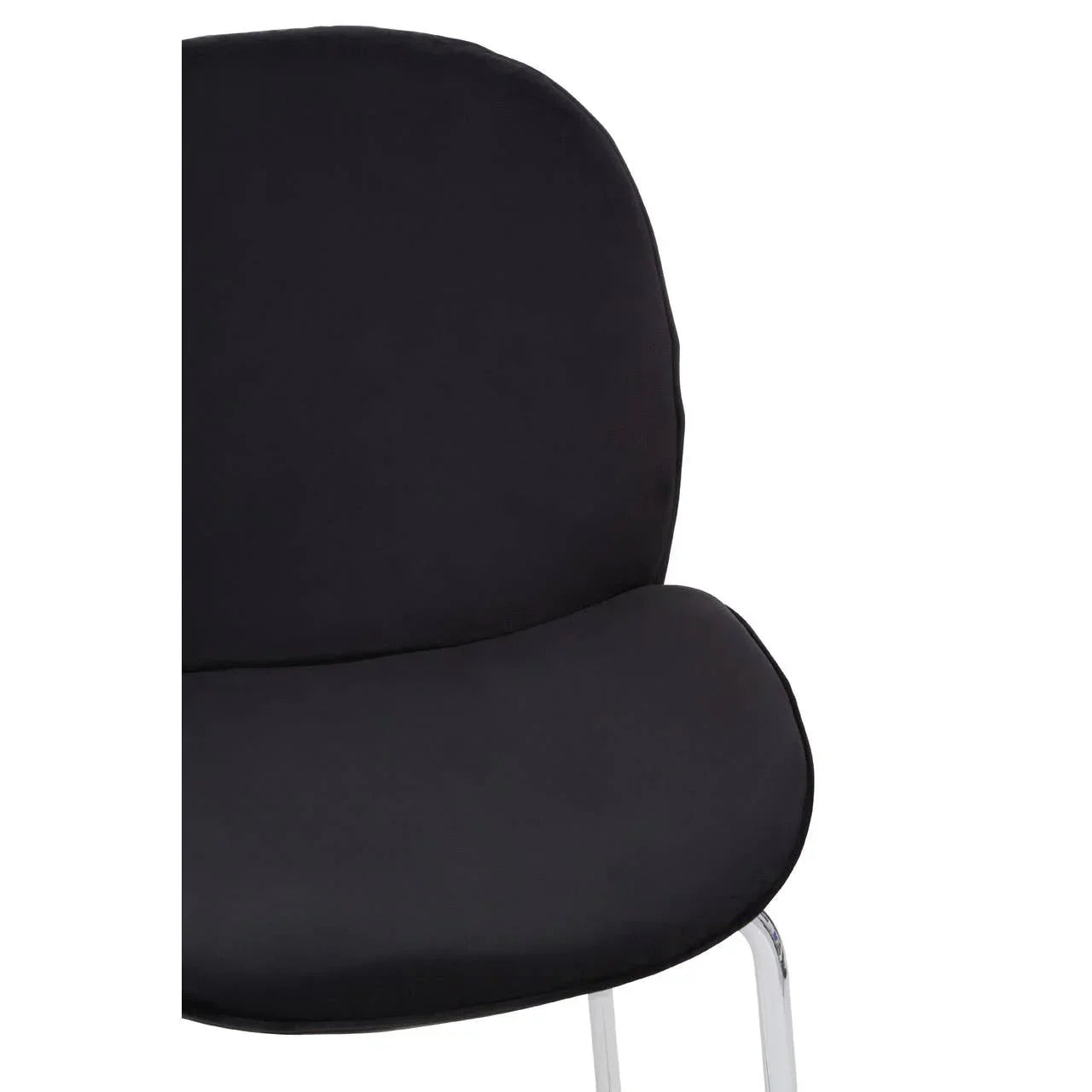 Close-up of black dining chair with chrome legs and rounded padded seat