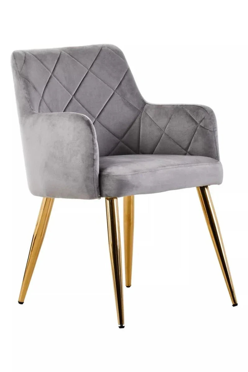 Grey velvet accent chair with diamond stitch backrest and gold metal legs