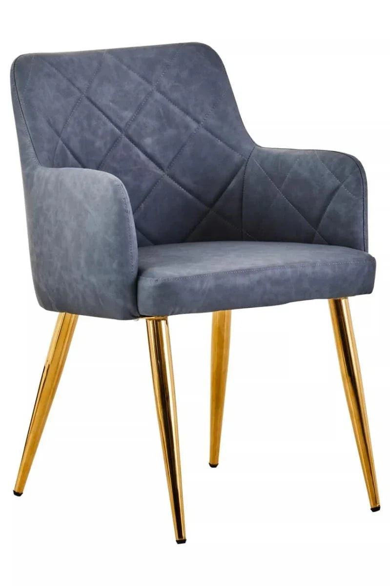 Blue velvet dining chair with diamond stitching and gold metal legs