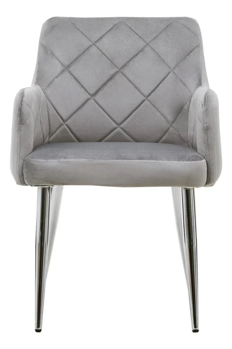Grey velvet accent chair with chrome legs and diamond stitched backrest, front view
