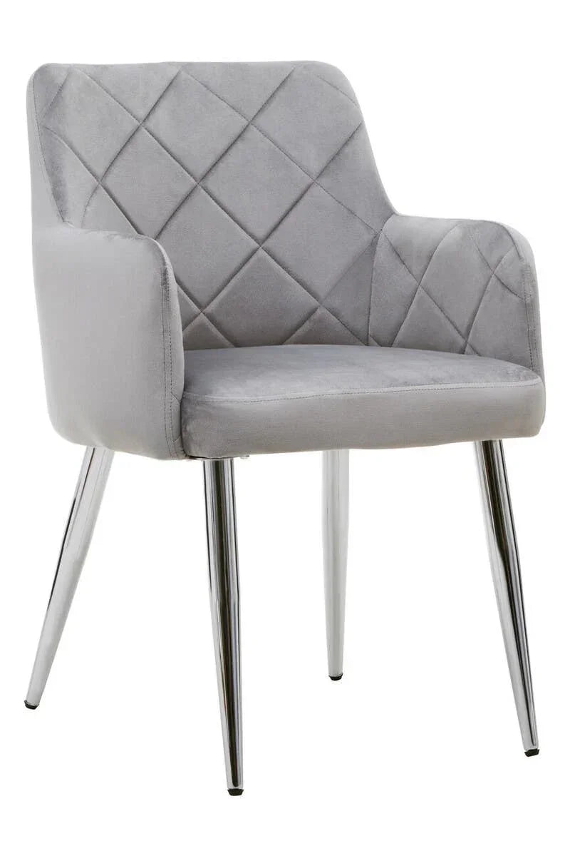 Grey velvet accent chair with diamond stitched backrest and chrome metal legs