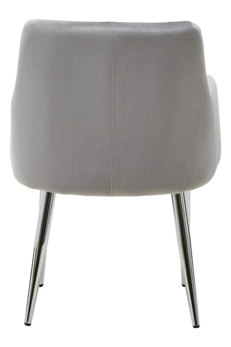Grey upholstered dining chair with chrome legs, rear view